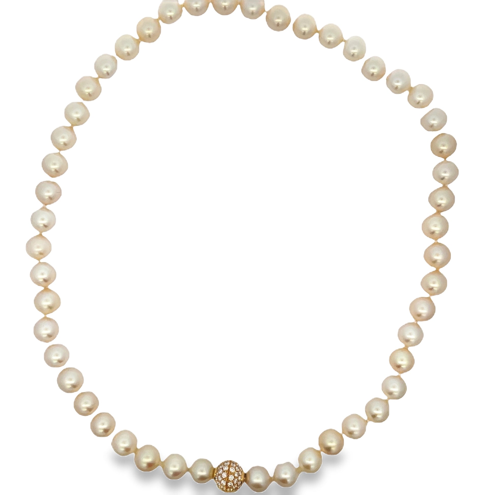 Top view of fastened 18K Yellow Gold Diamond Clasp Cultured Pearl Necklace 9.50 mm