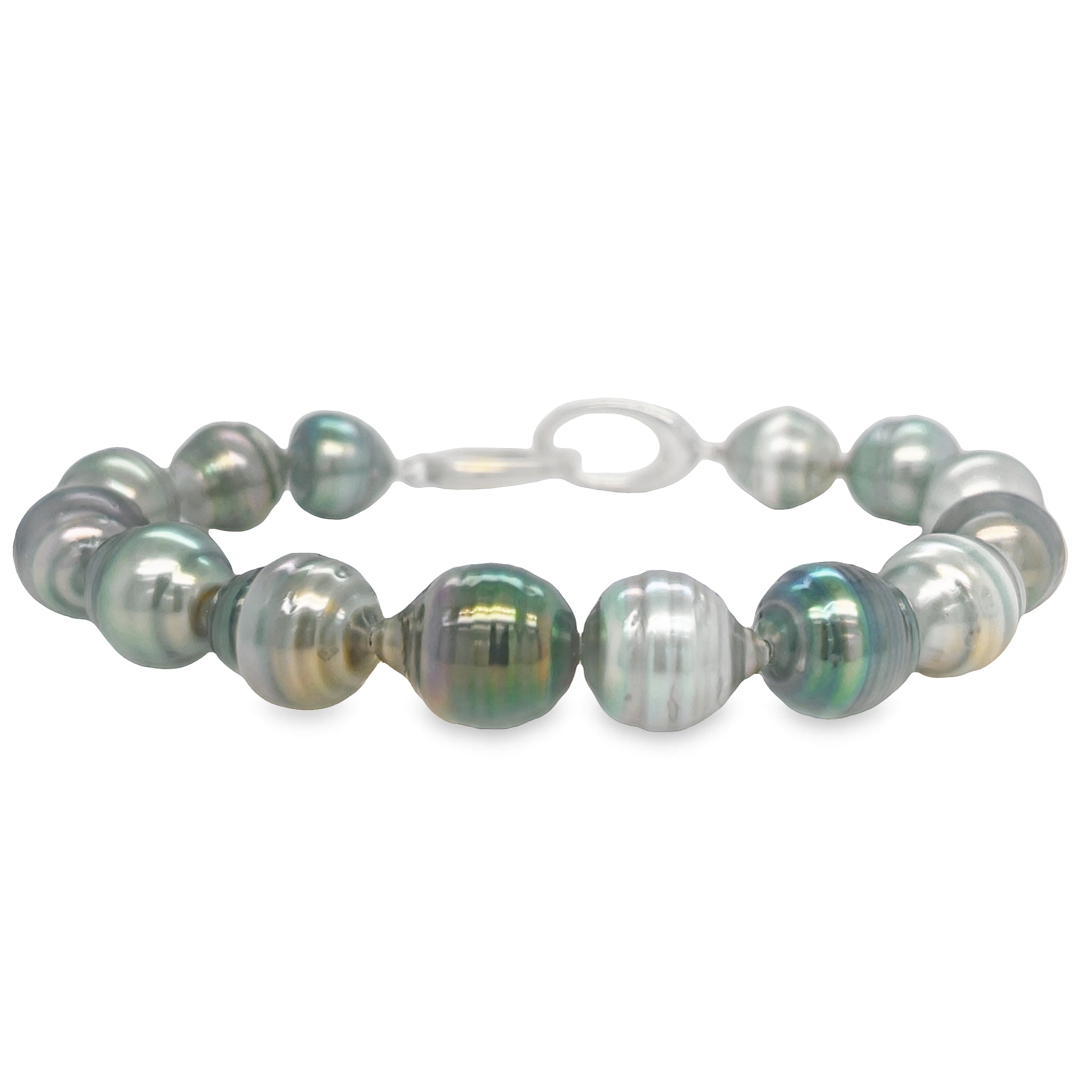 This stunning Tahitian Baroque Pearl Bracelet features 9.50 mm pearls with great luster and a variety of colors. Secured with 14k white gold triggerless clasp for easy grip, this bracelet is a timeless beauty.