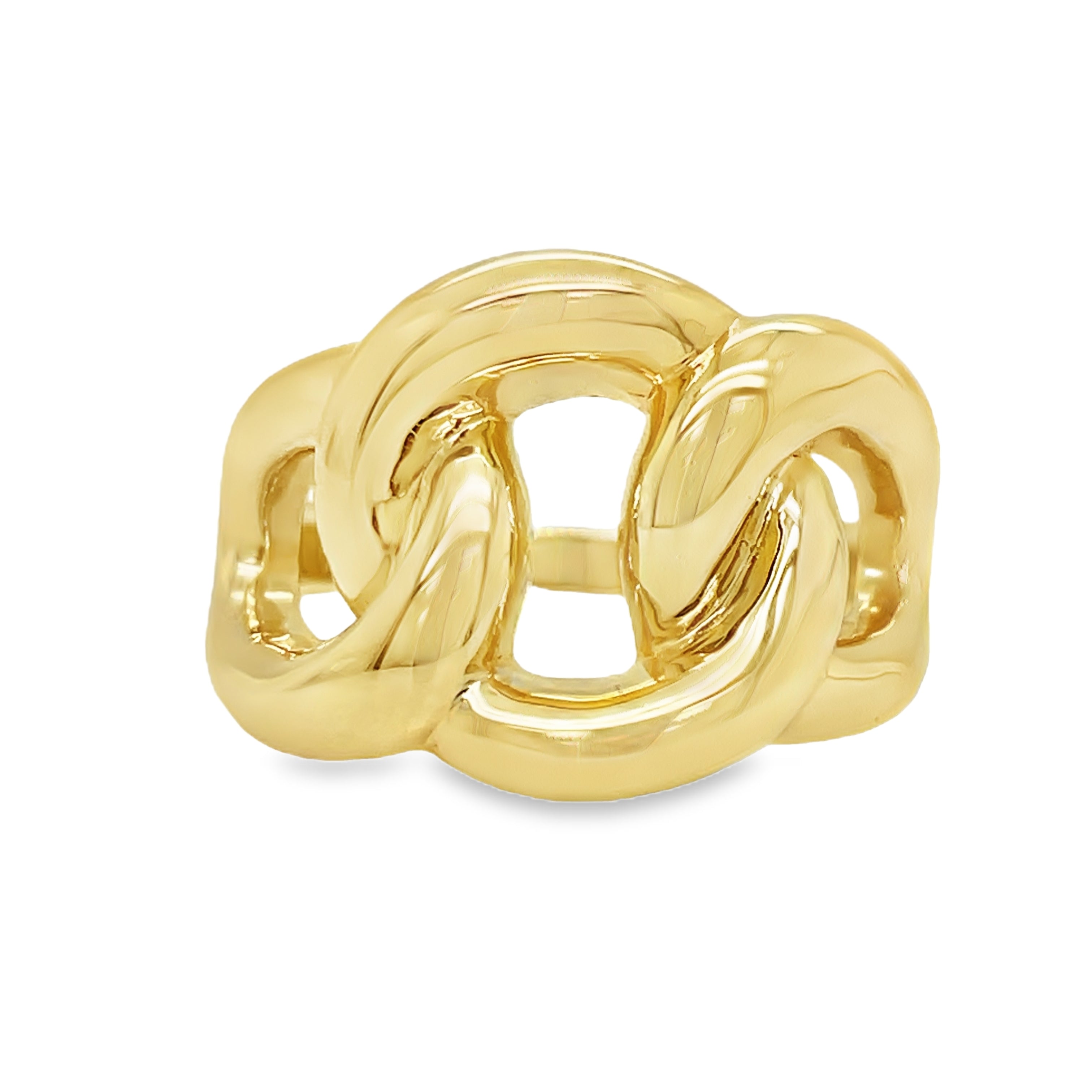 Expertly crafted in Italy, this 14k yellow gold chain link ring adds a touch of elegance to any look. The unique thick chain link style showcases the superior craftsmanship of Italian jewelry makers. Made with 14k gold, this ring is the perfect statement piece for any fashion-forward individual.