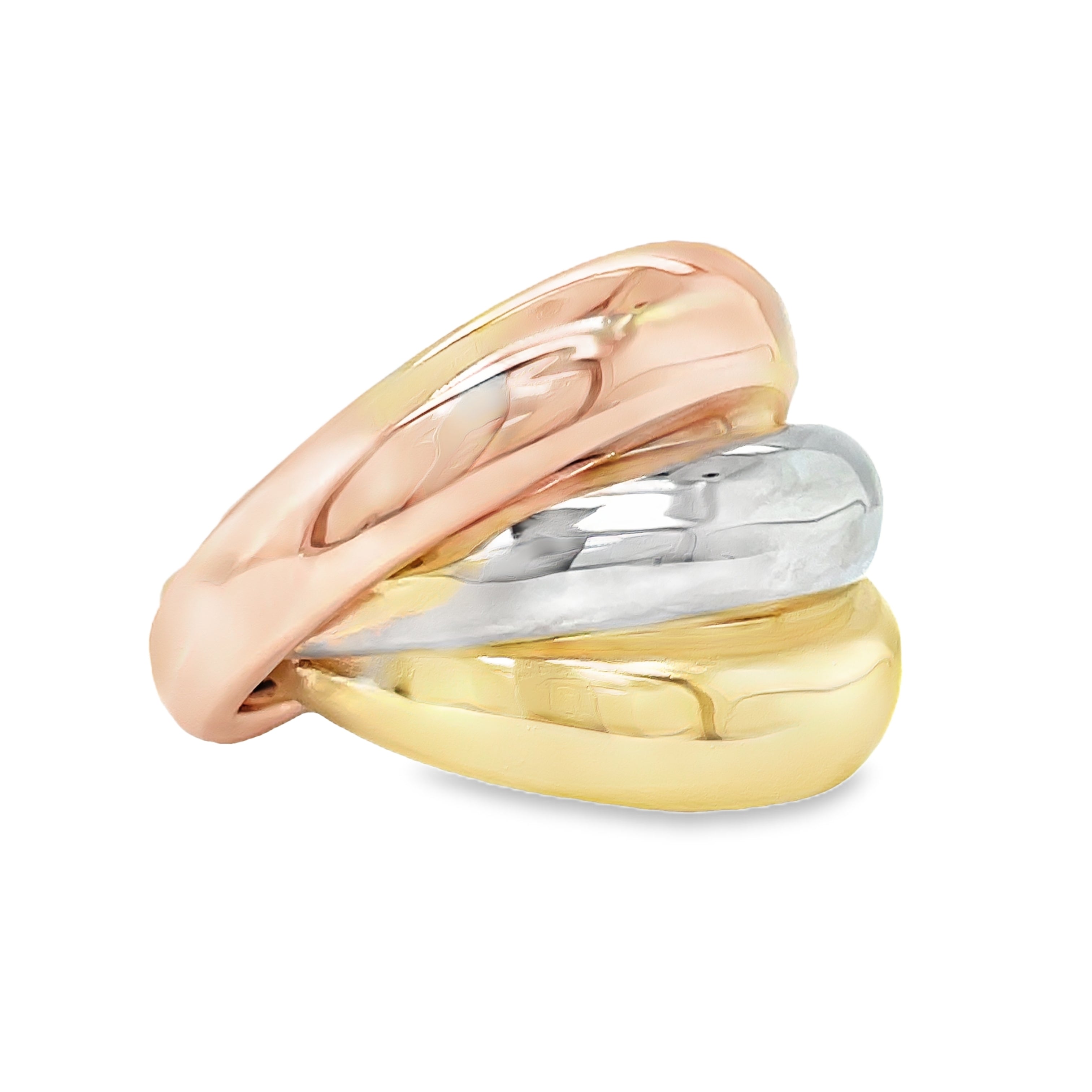 Indulge in luxury with our 14k Italian Gold Tricolor Ring. Handcrafted in Italy, this dome-shaped ring boasts a stunning tri-color design that exudes sophistication and style. Made with the highest quality 14k gold, this exclusive piece is the perfect addition to your jewelry collection. Elevate your look with this premium Italian masterpiece.