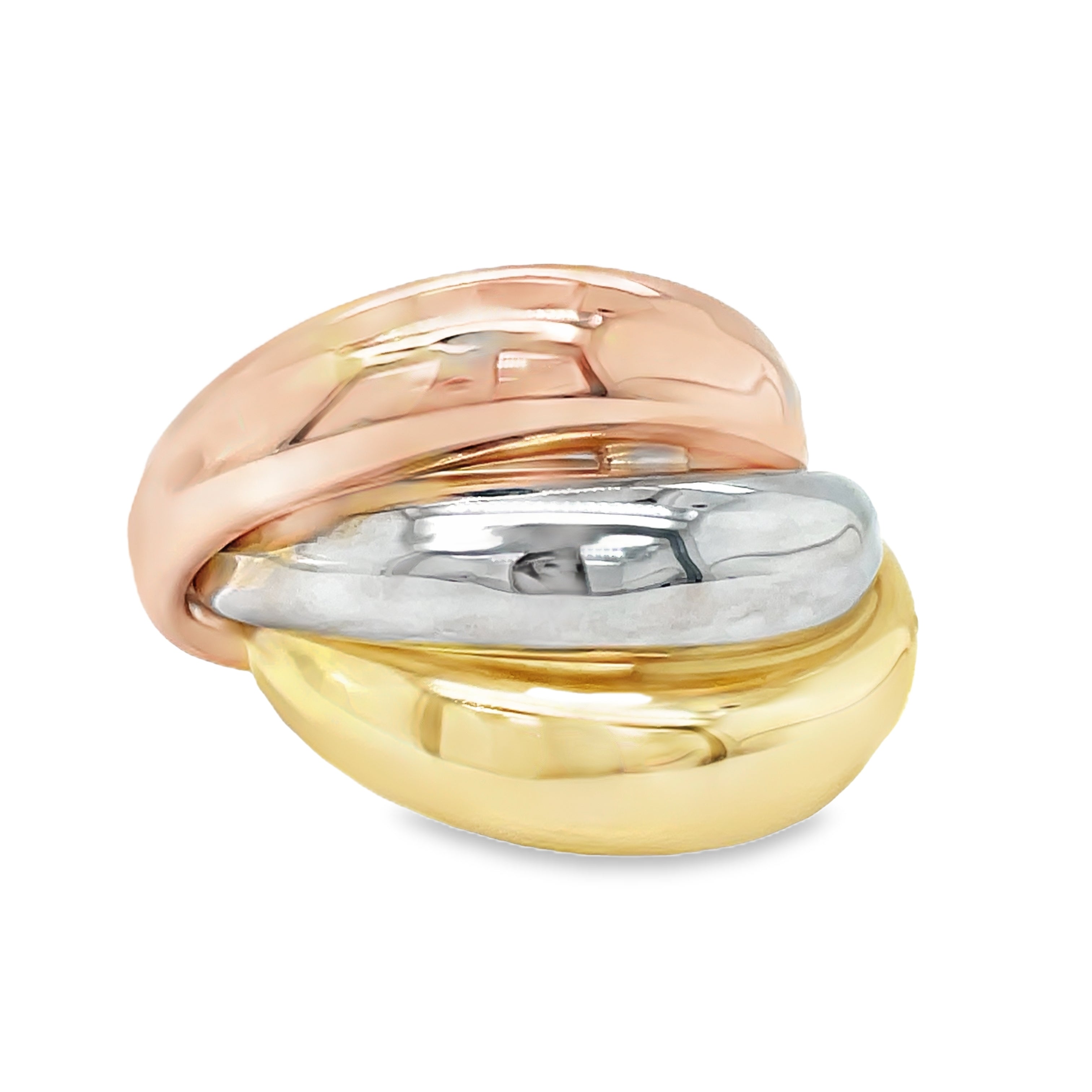 Indulge in luxury with our 14k Italian Gold Tricolor Ring. Handcrafted in Italy, this dome-shaped ring boasts a stunning tri-color design that exudes sophistication and style. Made with the highest quality 14k gold, this exclusive piece is the perfect addition to your jewelry collection. Elevate your look with this premium Italian masterpiece.