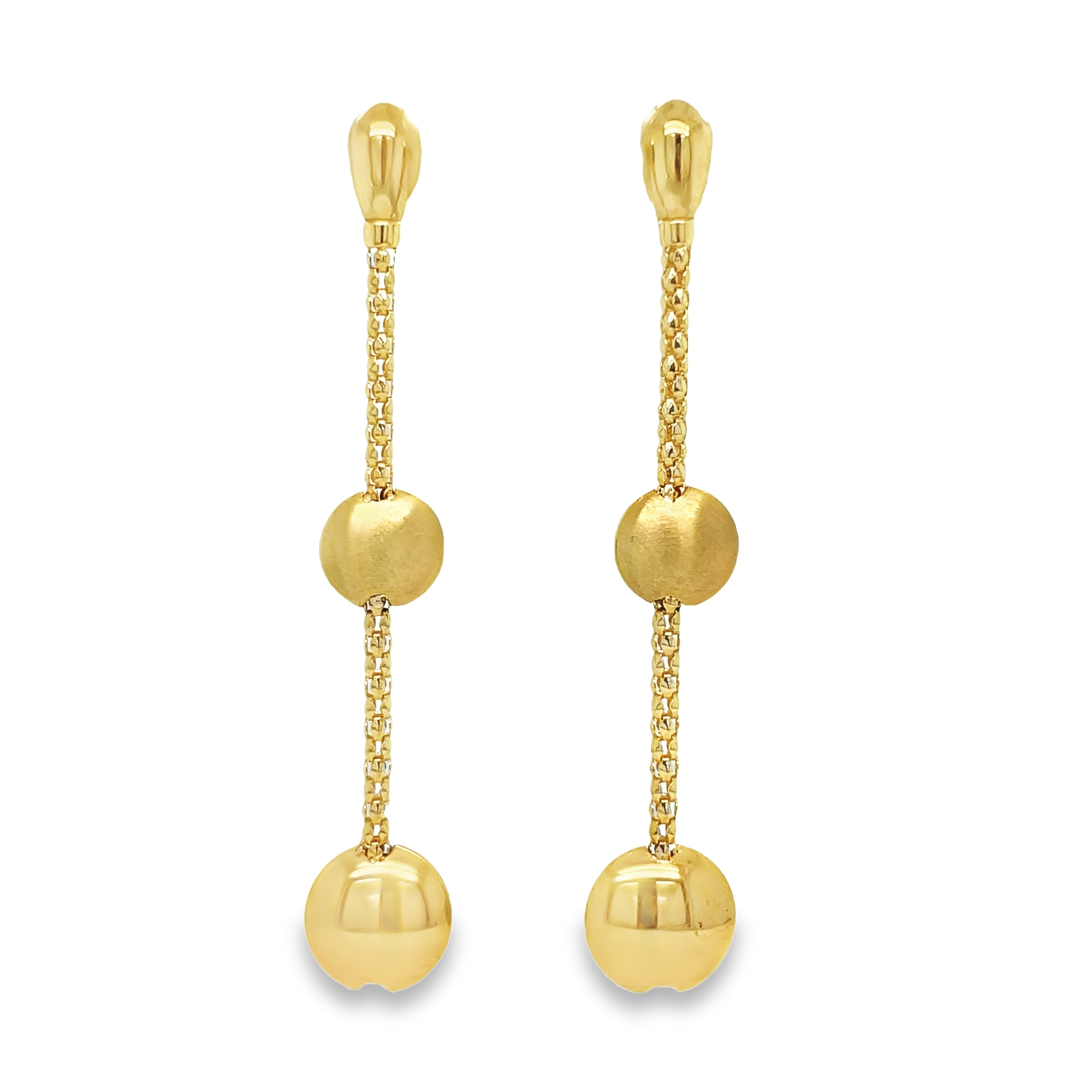 Crafted with exquisite precision, these 18k yellow gold drop earrings are a must-have for any jewelry collection. Made in Italy as part of the Stella collection, these earrings feature a stunning matte and high polished finish. With a long drop of 2 inches, they are sure to make a statement.