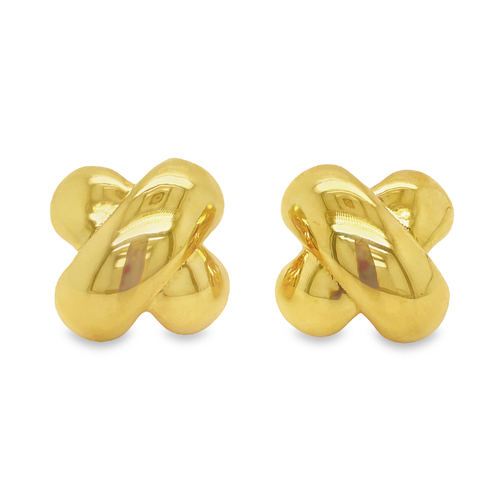Elevate your jewelry collection with these exquisite 14k Italian Yellow Gold Puff X Kiss Earrings. Crafted from premium-grade Italian gold, they feature an elegant X shape and secure Omega backs. Measuring 20 mm in length, they make a dramatic impression without being overly large.
