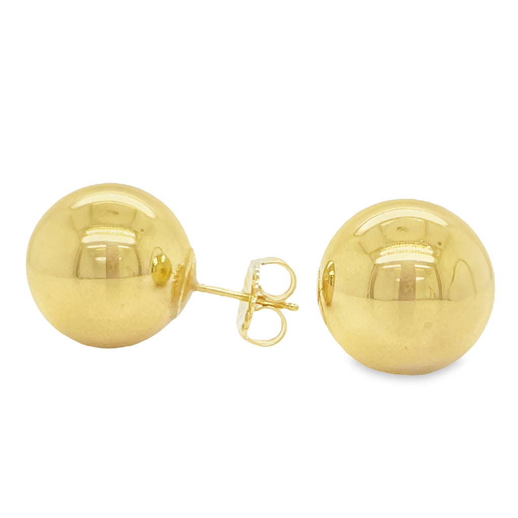 These beautiful 14k yellow gold stud earrings feature a 14mm ball with friction backs for a secure fit. Crafted from genuine 14k yellow gold, these earrings make a stunning statement piece. Perfect for any occasion.