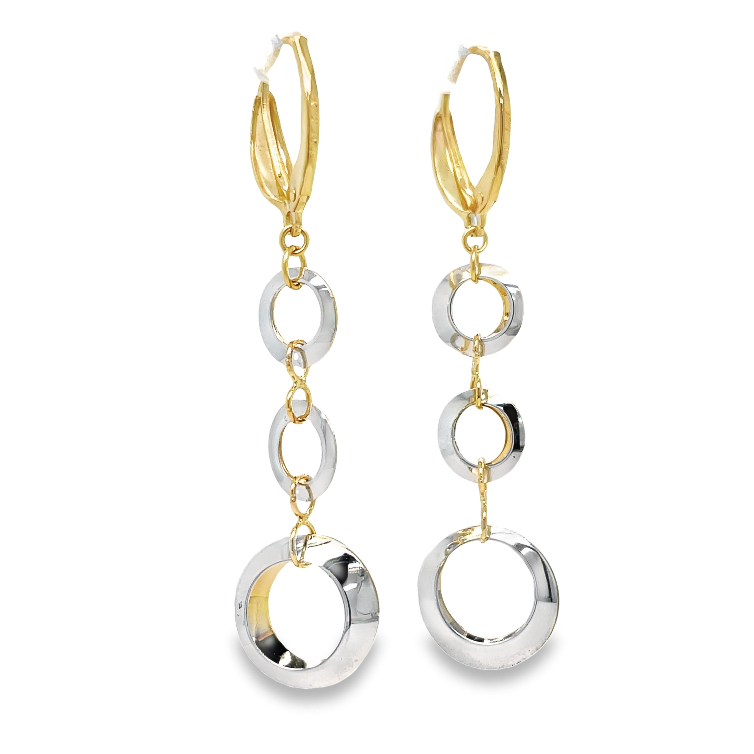 Elevate your style with these stunning 14k Italian Two Tone Circles Drop Earrings. Crafted with a lever system, these 2" long earrings feature three graduated circles for a unique and elegant look. Made in Italy, they exude quality and sophistication. A must-have addition to your jewelry collection.