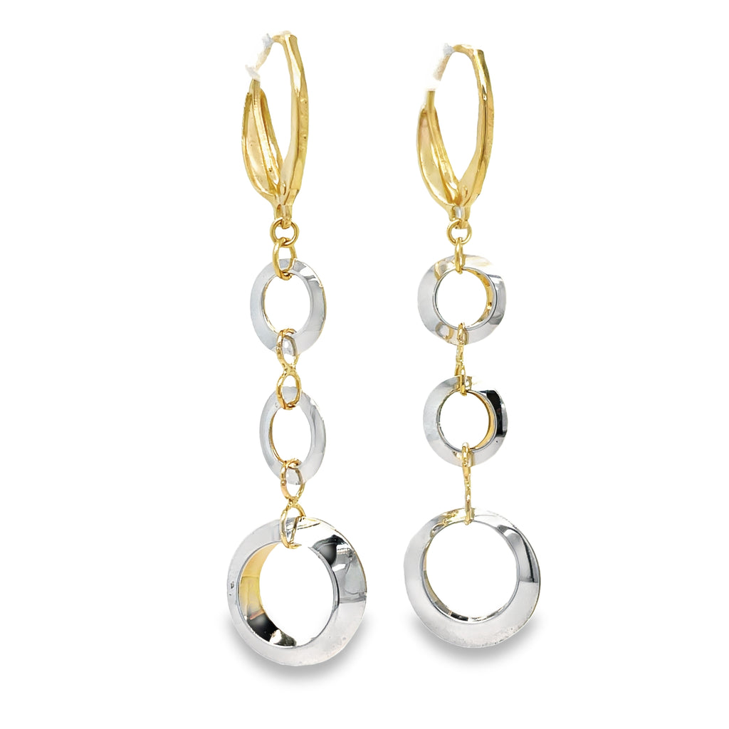 Elevate your style with these stunning 14k Italian Two Tone Circles Drop Earrings. Crafted with a lever system, these 2" long earrings feature three graduated circles for a unique and elegant look. Made in Italy, they exude quality and sophistication. A must-have addition to your jewelry collection.
