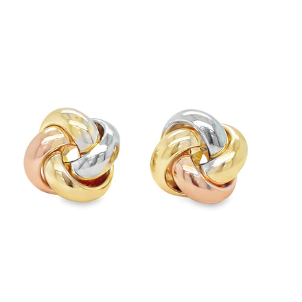 These 14k tricolor gold earrings are 13.50 mm and exquisitely crafted into a twist love knot. Highlight your unique style with these beautiful earrings - perfect for everyday wear or special occasions. Show your love with a gift that stands the test of time!