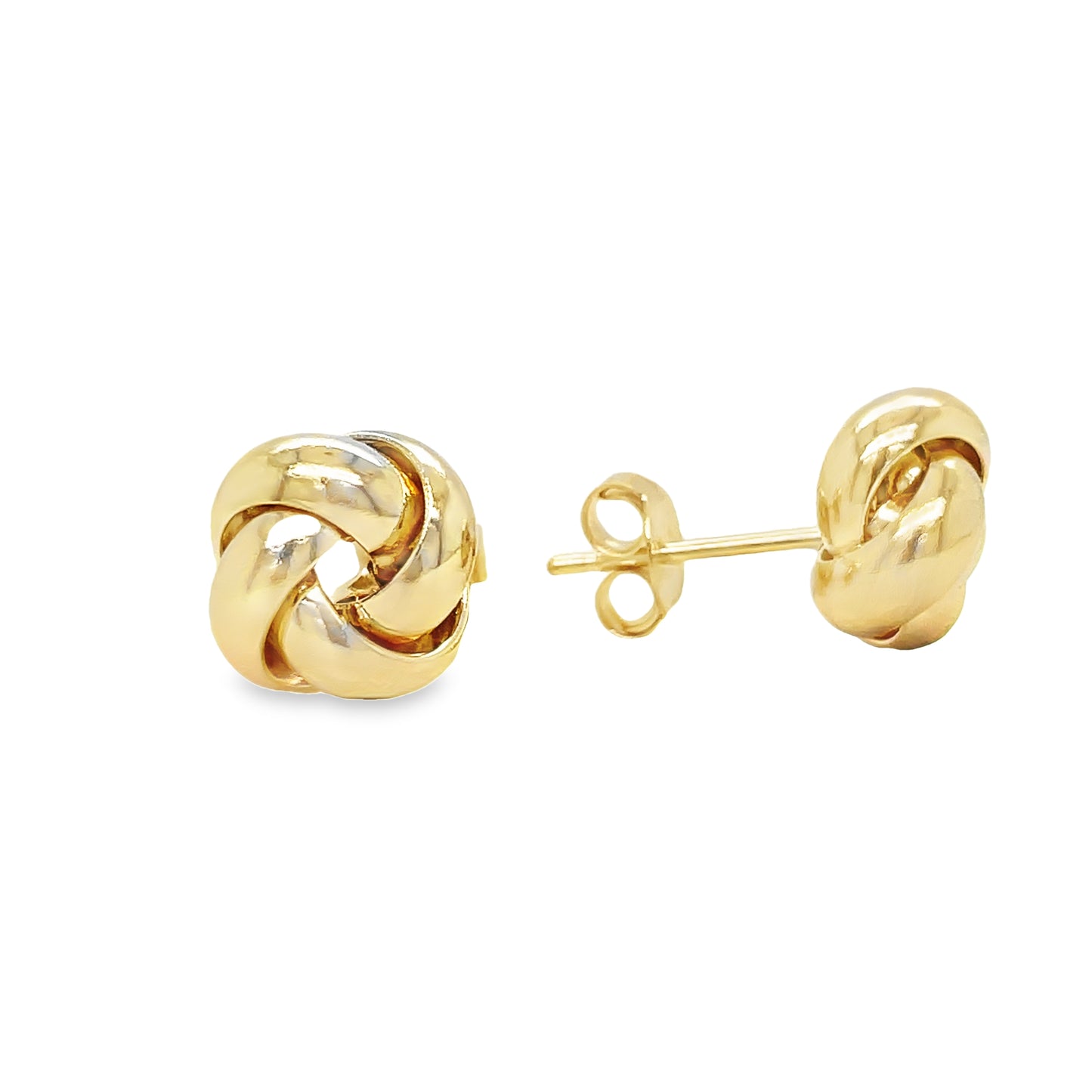 Front and side view of 14k Italian Made Yellow Gold Twist Love Knot Earrings 8.50 mm