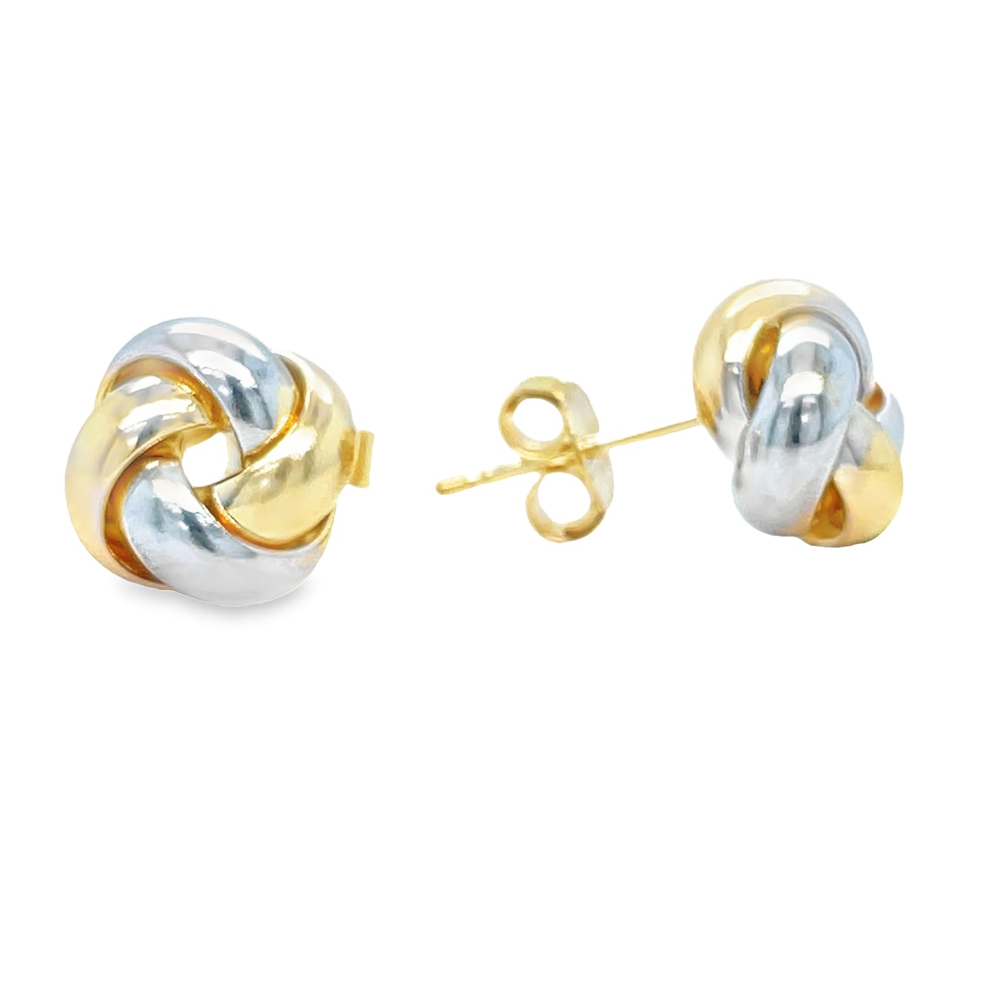 14k Two Tone Gold Twist Love Knot Earrings 10.00 mm Front and Side View