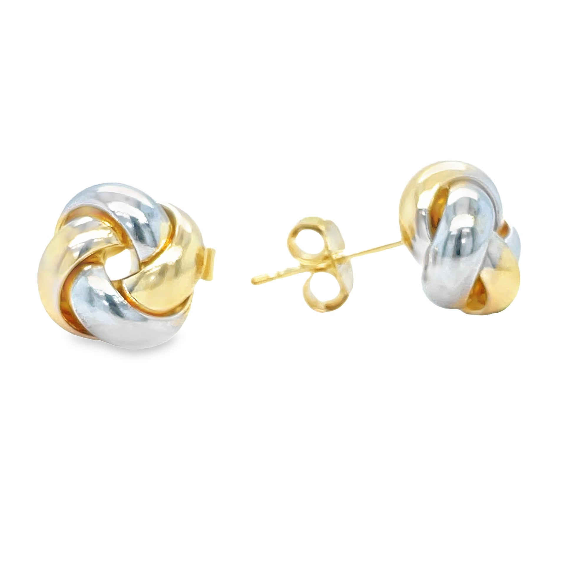 14k Two Tone Gold Twist Love Knot Earrings 10.00 mm Front and Side View