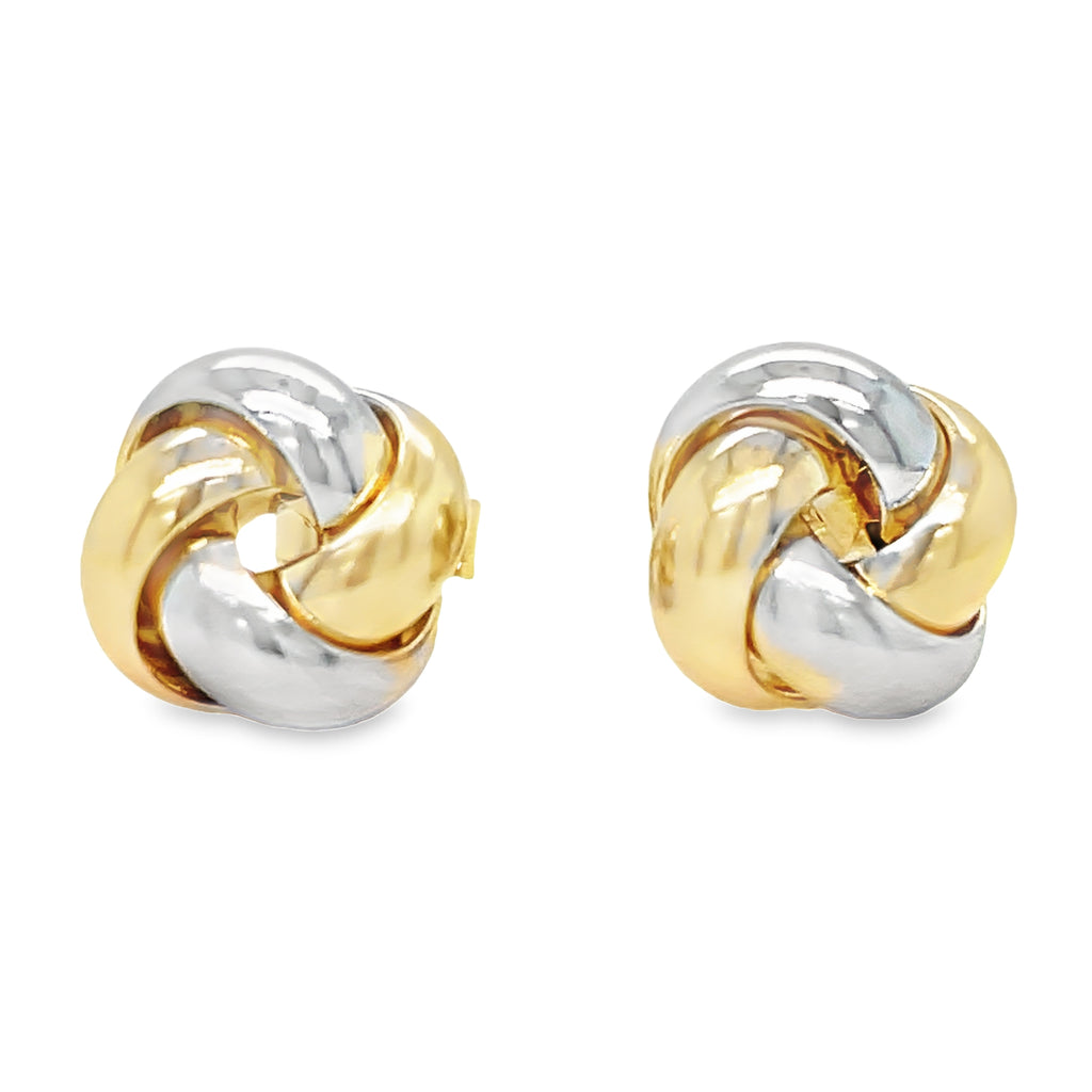 These 14k two tone gold earrings are 10.50 mm and exquisitely crafted into a twist love knot. Highlight your unique style with these beautiful earrings - perfect for everyday wear or special occasions. Show your love with a gift that stands the test of time!