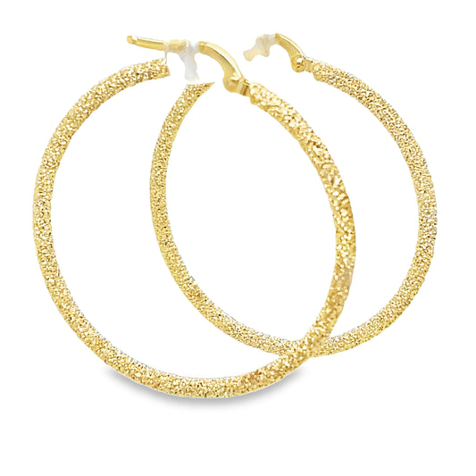 Side view of Thin 14k Italian Sand blasted Finish Yellow Gold Hoop Earrings 2.00 mm