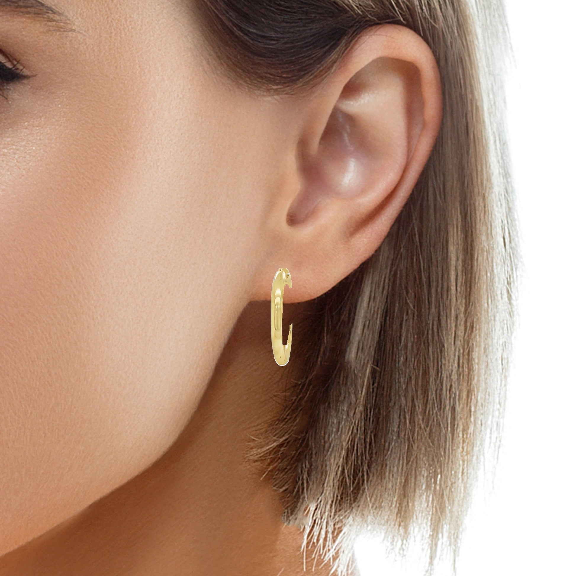 14k Italian Yellow Gold Hoop Earrings 4.00 mm Try on View