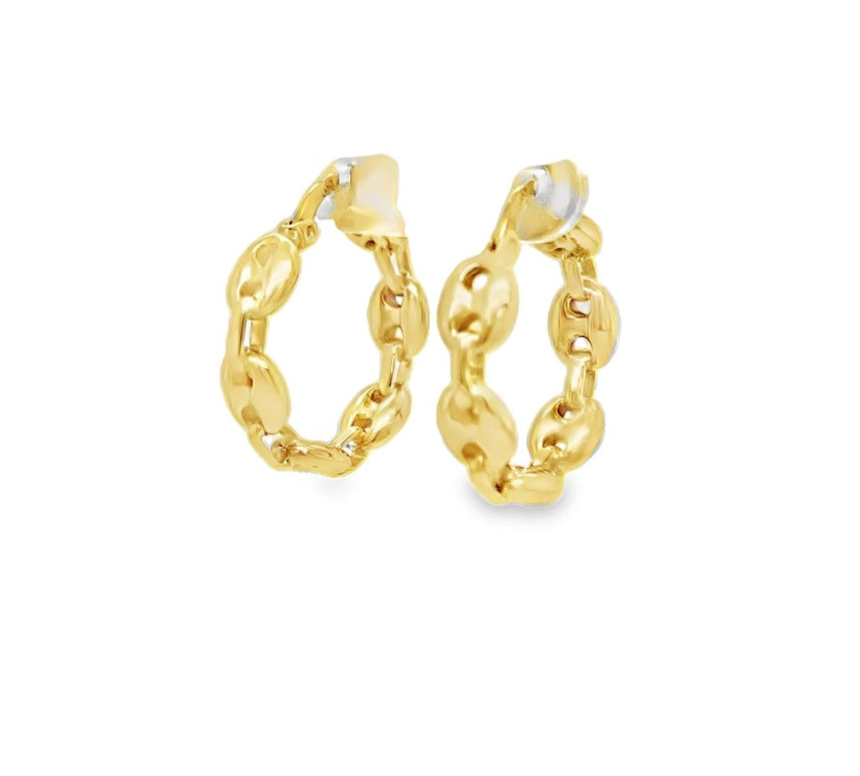 14k Italian Yellow Gold Puffed Anchor Chain Hoop Earrings Large 5.50 mm Side view