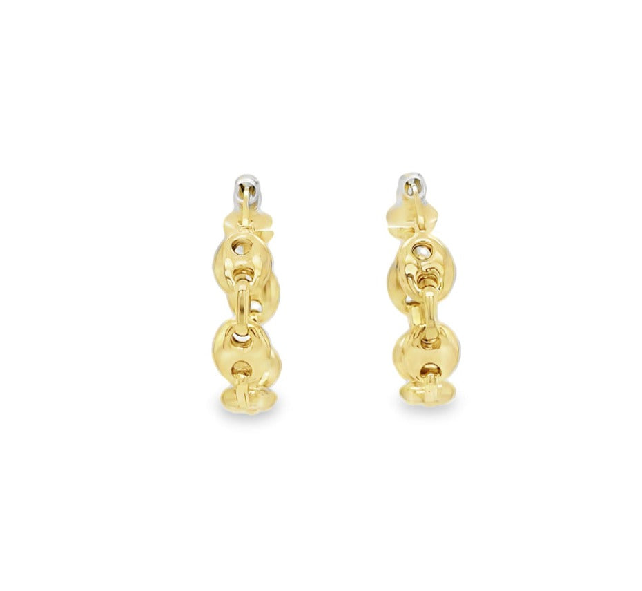 14k Italian Yellow Gold Puffed Anchor Chain Hoop Earrings Large 5.50 mm Front view