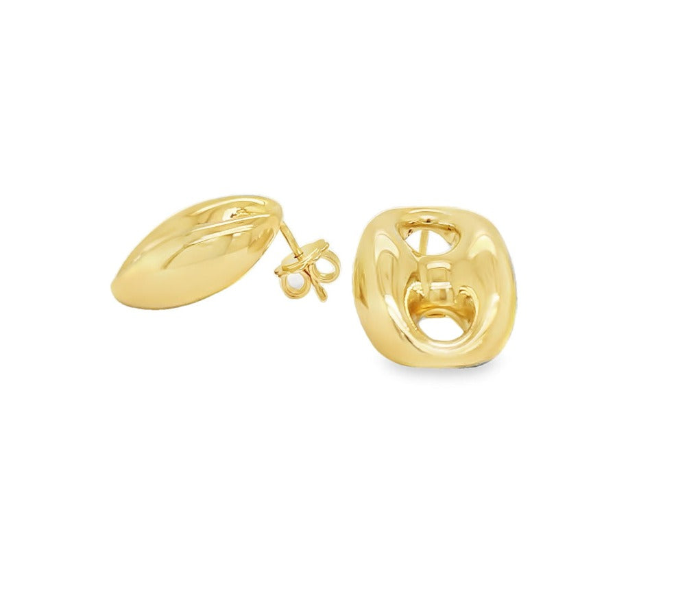 14k Italian Yellow Gold Puffy Mariner Link Large Earring Front and Side View