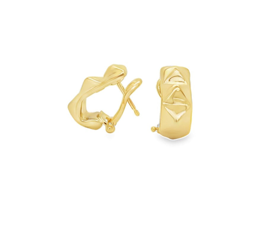 14k Italian Yellow Gold Three Square Pyramid Small Earrings Front and Side View
