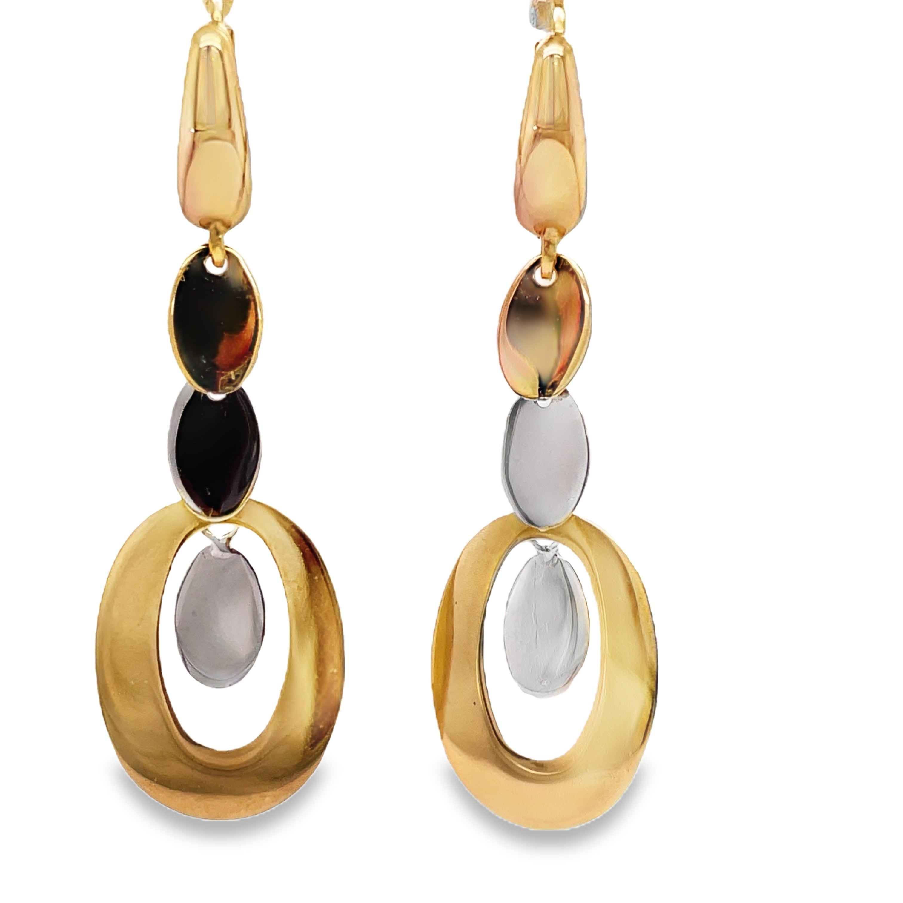 Elevate your style with these stunning 14k Italian Two-Tone Circles Drop Earrings. Crafted with a lever system, these 1.5" long earrings feature three circles for a unique and elegant look. Made in Italy, they exude quality and sophistication. A must-have addition to your jewelry collection