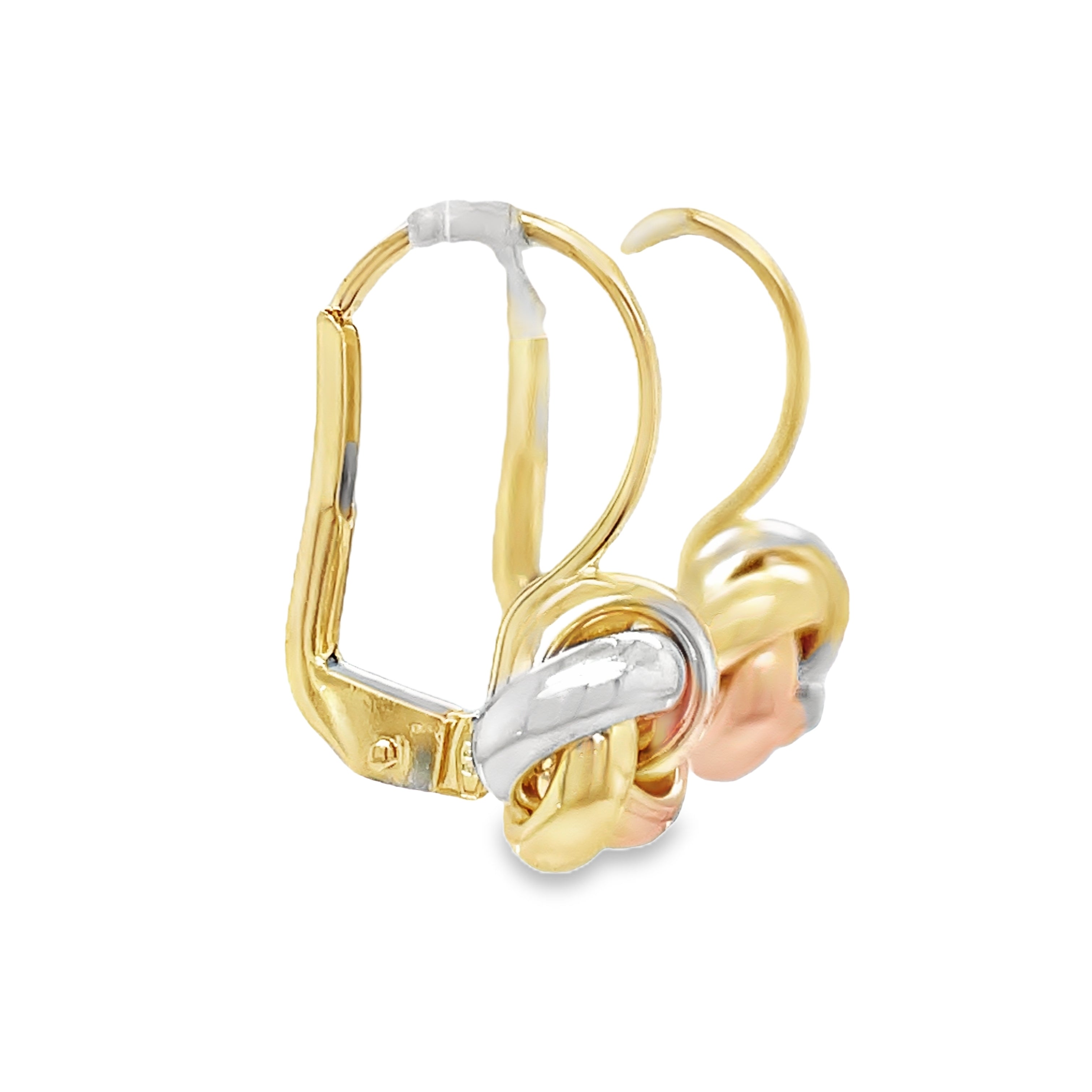 Fall in love with these small 14k Italian three-color gold love knot drop earrings! Made in Italy, these stunning stud earrings feature a beautiful combination of yellow and white gold. The secure lever back system ensures they stay in place, while the 19.00 x 9.00 mm size adds a delicate touch to any look