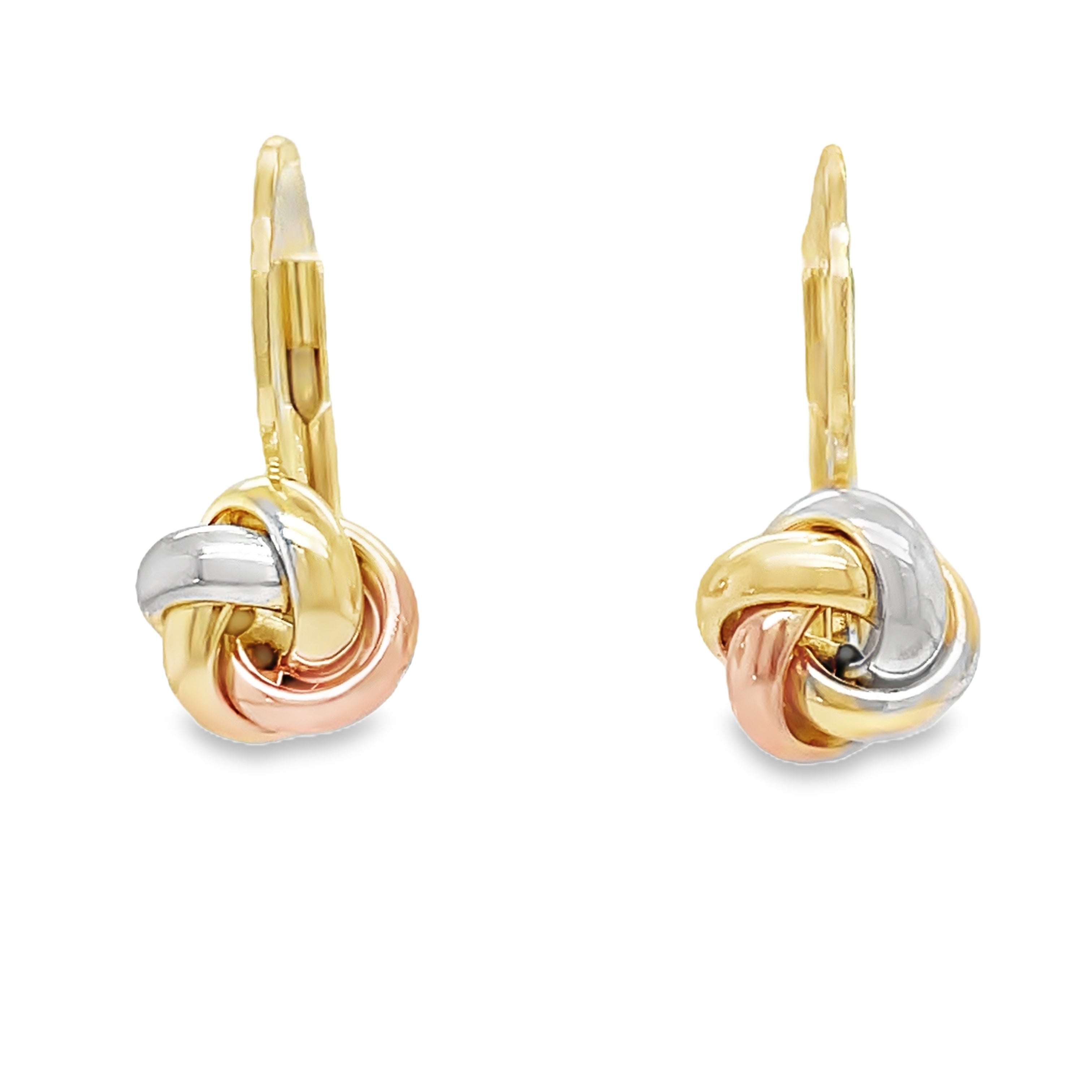 Fall in love with these small 14k Italian three-color gold love knot drop earrings! Made in Italy, these stunning stud earrings feature a beautiful combination of yellow and white gold. The secure lever back system ensures they stay in place, while the 19.00 x 9.00 mm size adds a delicate touch to any look