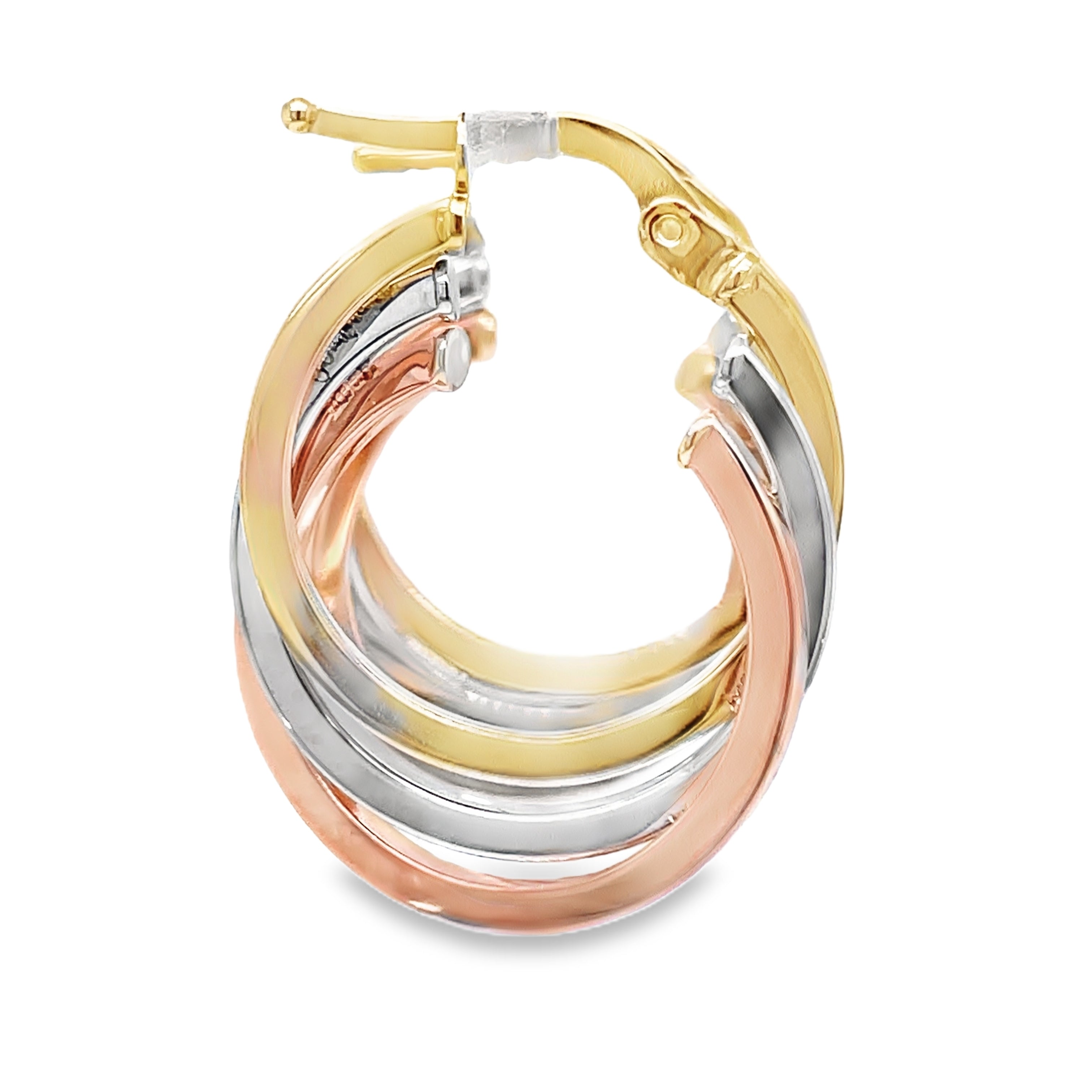 ndulge in luxury with our 14k Tricolor Graduated Style Hoop Earrings. Made with exquisite Italian gold, these 25 x 20mm earrings feature a hinged system for easy wear and a graduated style for a chic and sophisticated look. Elevate your style with these exclusive earrings.