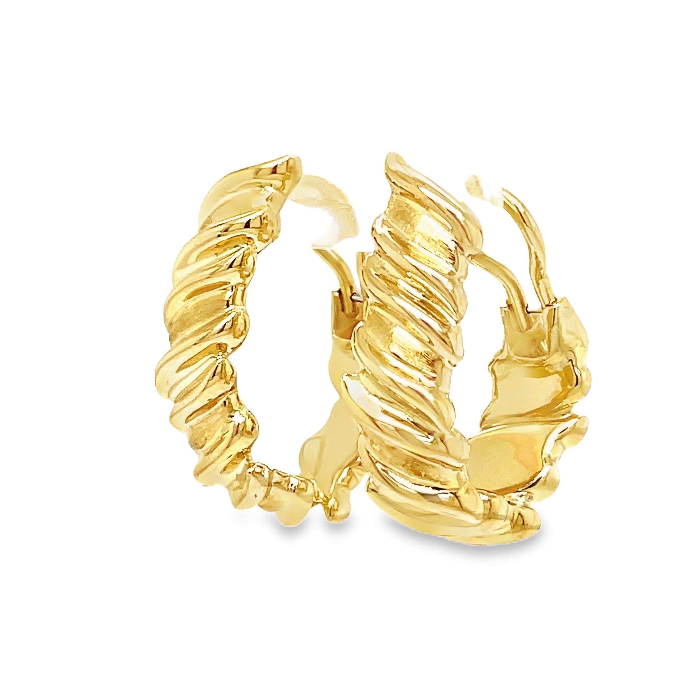 Effortlessly elevate your style with our Large Yellow Gold Hoop Ma. Crafted in Italy with 18k yellow gold, these earrings feature a unique omega system for easy wear and a fancy style that adds a touch of luxury to any outfit. Upgrade your jewelry collection with this exclusive piece.