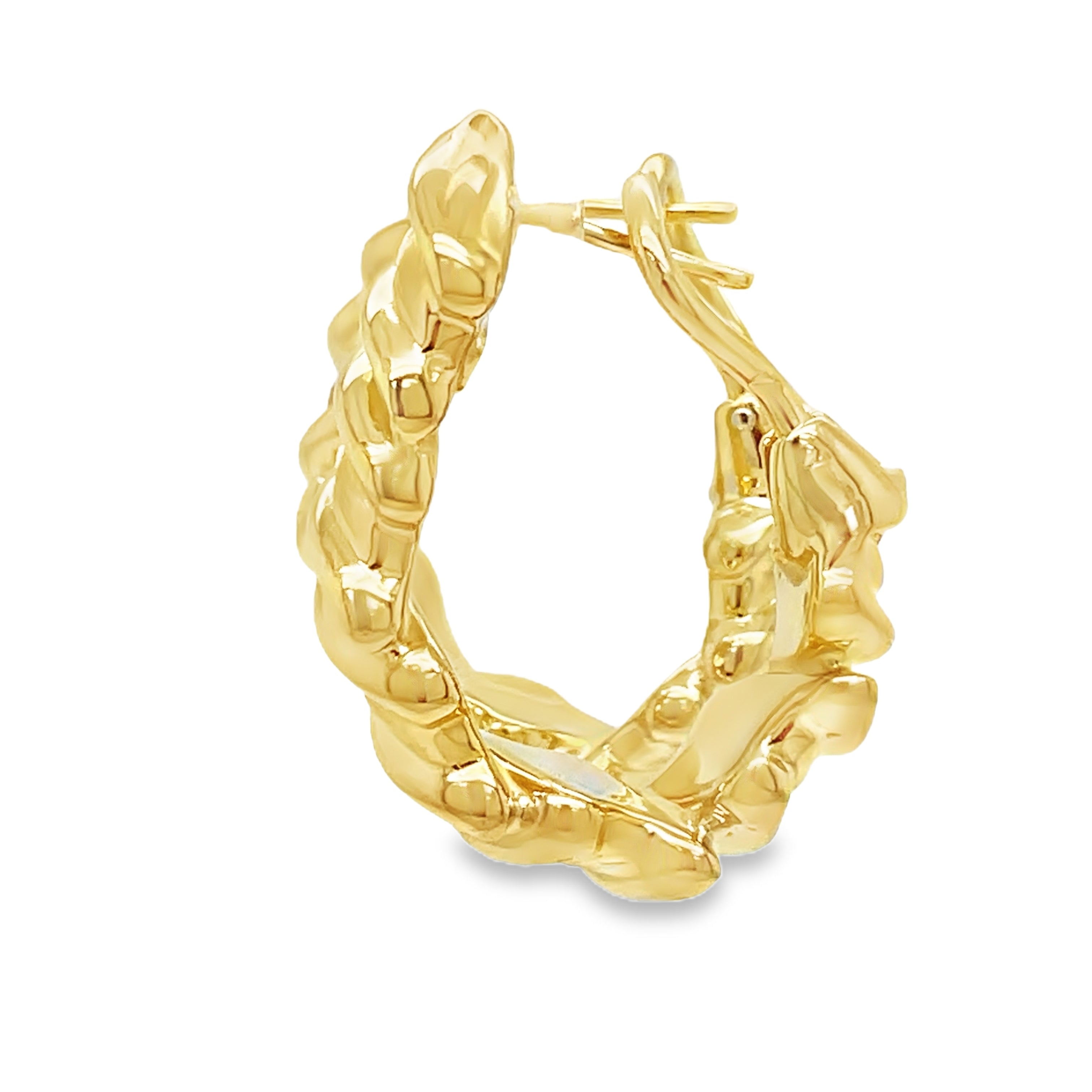 Effortlessly elevate your style with our Large Yellow Gold Hoop Ma. Crafted in Italy with 18k yellow gold, these earrings feature a unique omega system for easy wear and a fancy style that adds a touch of luxury to any outfit. Upgrade your jewelry collection with this exclusive piece.