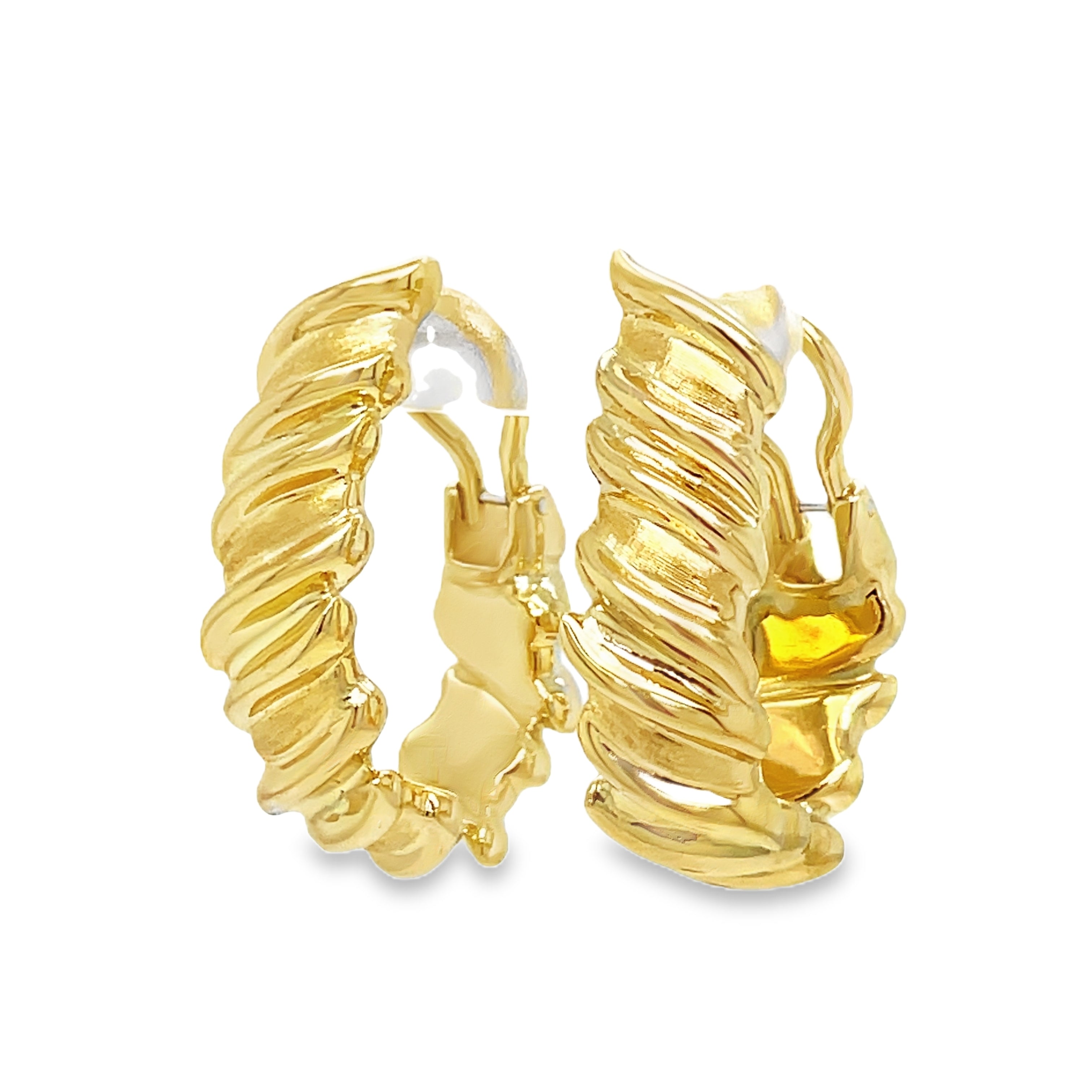 Effortlessly elevate your style with our Large Yellow Gold Hoop Ma. Crafted in Italy with 18k yellow gold, these earrings feature a unique omega system for easy wear and a fancy style that adds a touch of luxury to any outfit. Upgrade your jewelry collection with this exclusive piece.