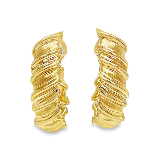 Italian Made Large Yellow Gold Fancy Hoop Front view