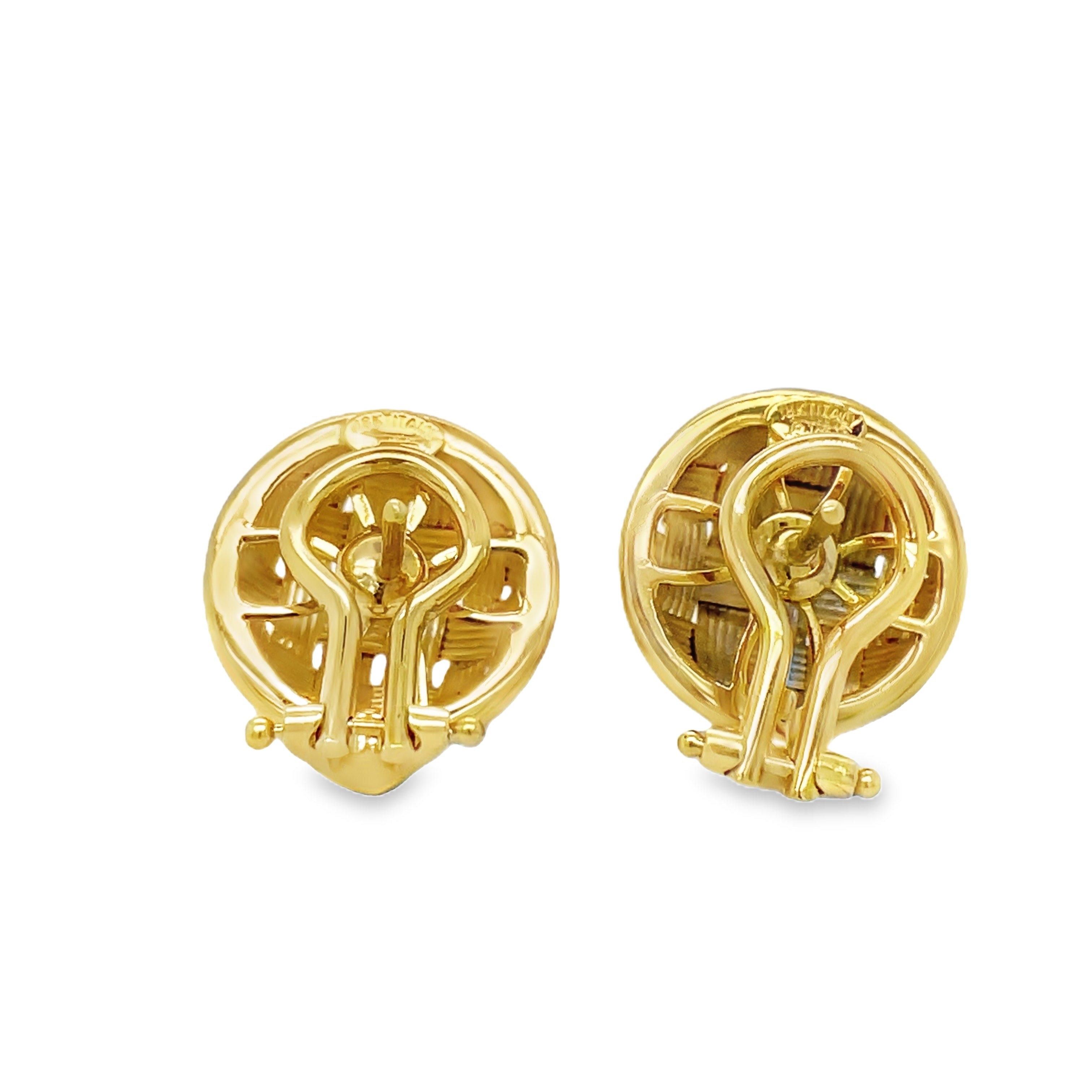 ndulge in luxury with our Italian-made 18k yellow gold clip on earrings. The intricate weave design and matte finish add an artistic touch, while the omega clip ensures a secure fit. Elevate any look with the exclusive gallery finish.