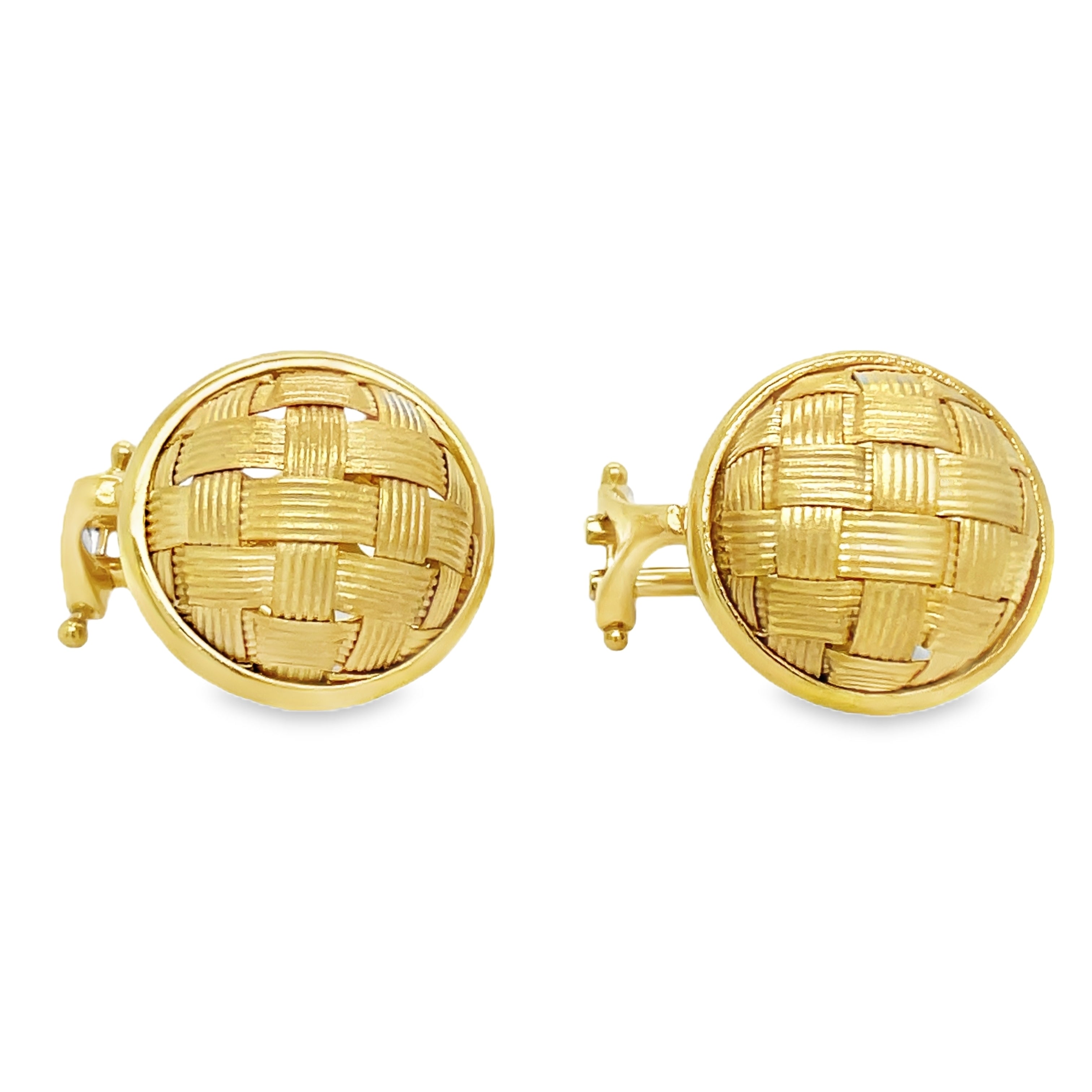 ndulge in luxury with our Italian-made 18k yellow gold clip on earrings. The intricate weave design and matte finish add an artistic touch, while the omega clip ensures a secure fit. Elevate any look with the exclusive gallery finish.