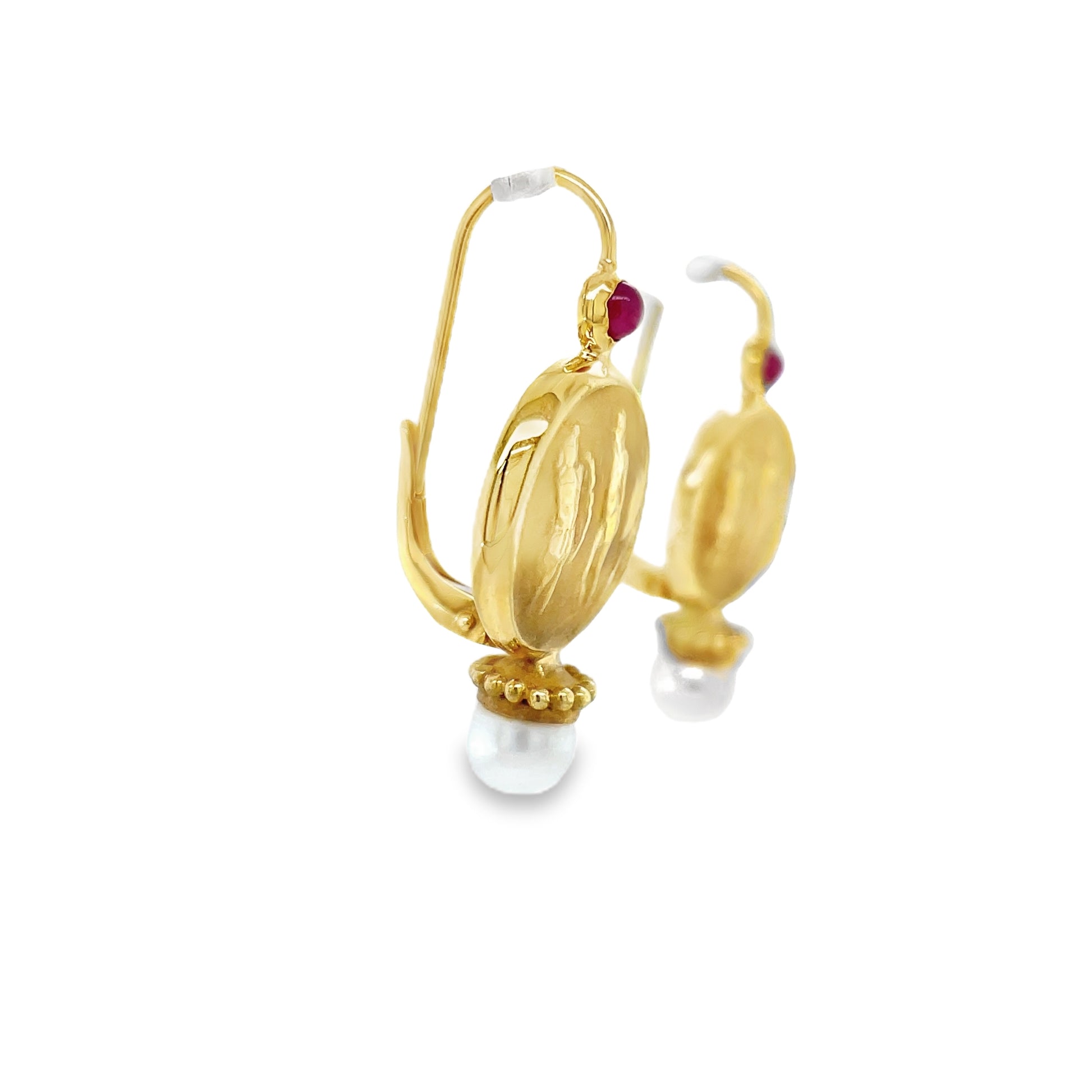 Side View of Italian Made Intaglio Yellow Gold Ruby & Pearl Drop Earrings