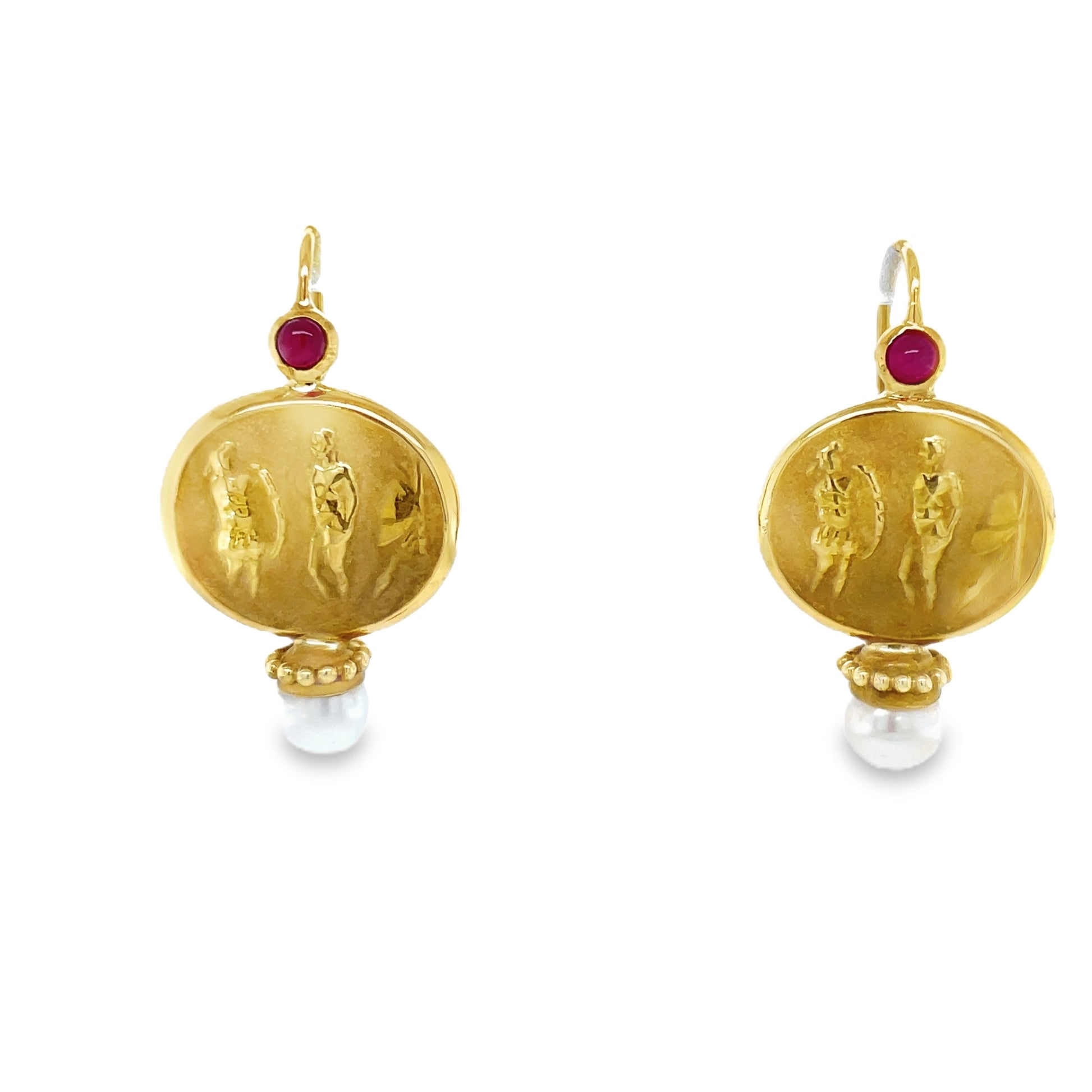 Front View of Italian Made Intaglio Yellow Gold Ruby & Pearl Drop Earrings