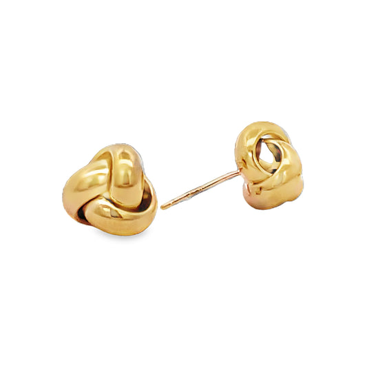 Side and Front view of 14k Italian Yellow Gold Love Knot Stud Earrings 11.00 mm 