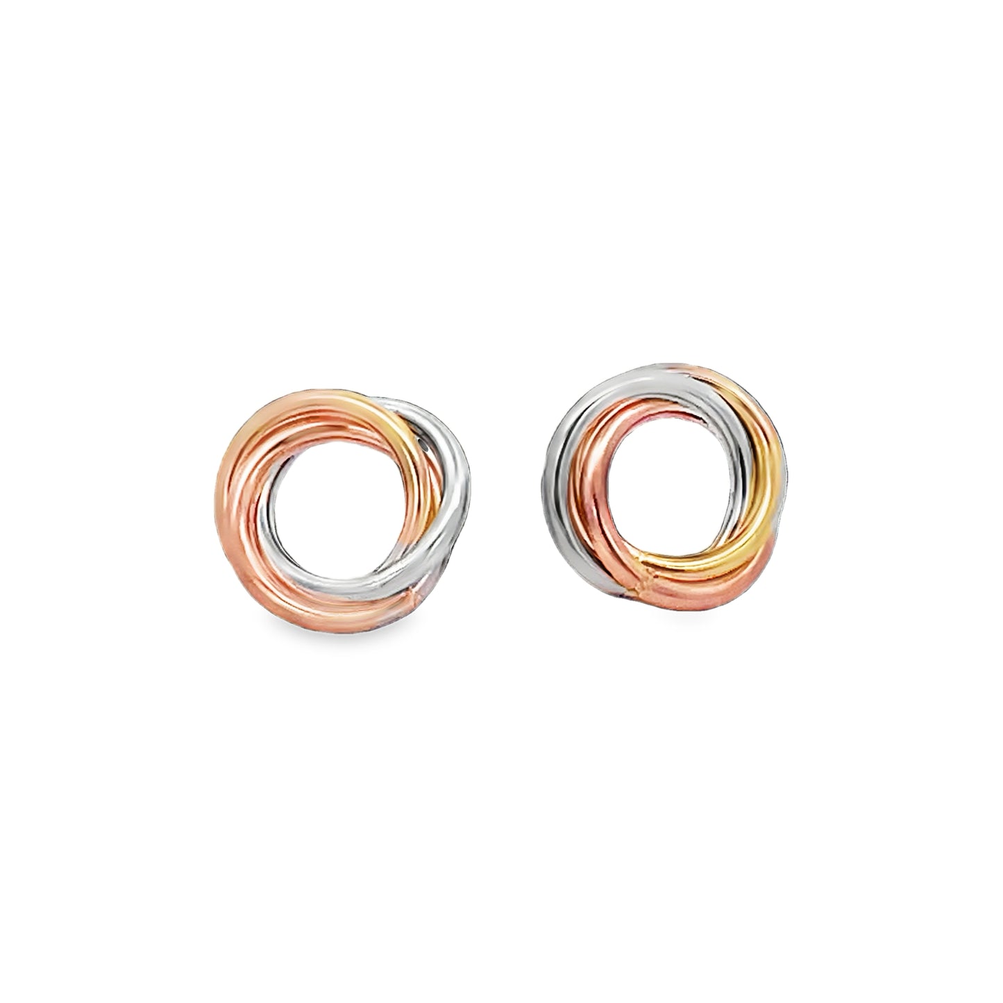 Front view of 14k Italian Tri-Color Gold Love Knot Stud Earrings Medium Size