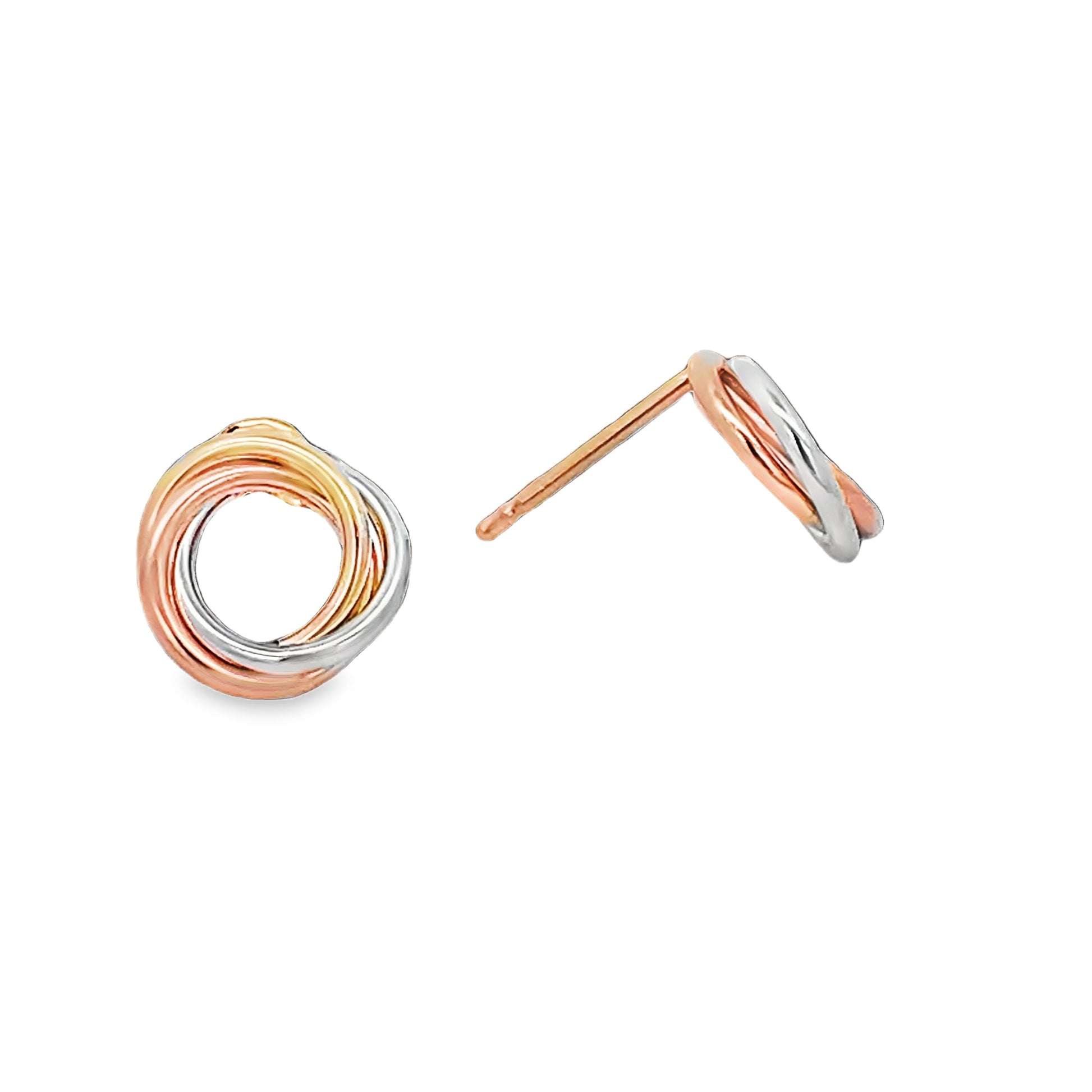 Front and side view of 14k Italian Tri-Color Gold Love Knot Stud Earrings Medium Size