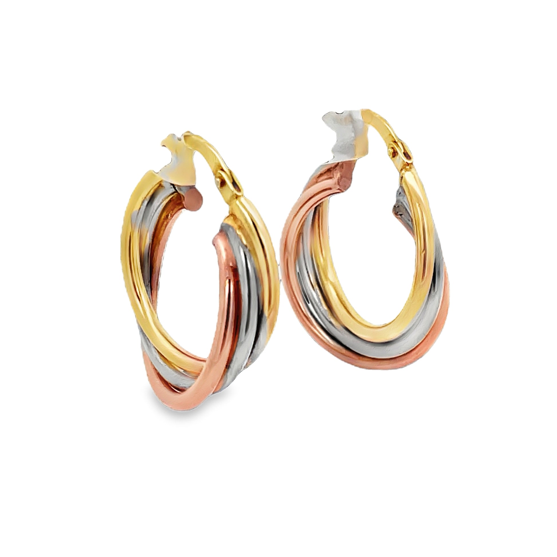 Side view of 14k Italian Gold Tricolor Graduated Style Hoop Earrings 18.00 mm