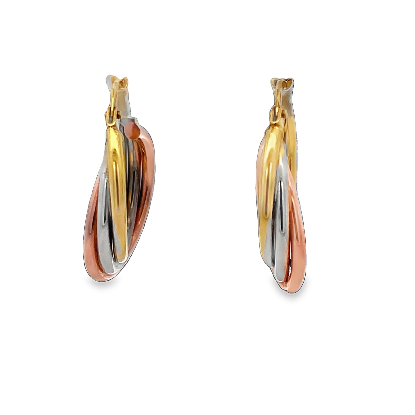 Front view of 14k Italian Gold Tricolor Graduated Style Hoop Earrings 18.00 mm