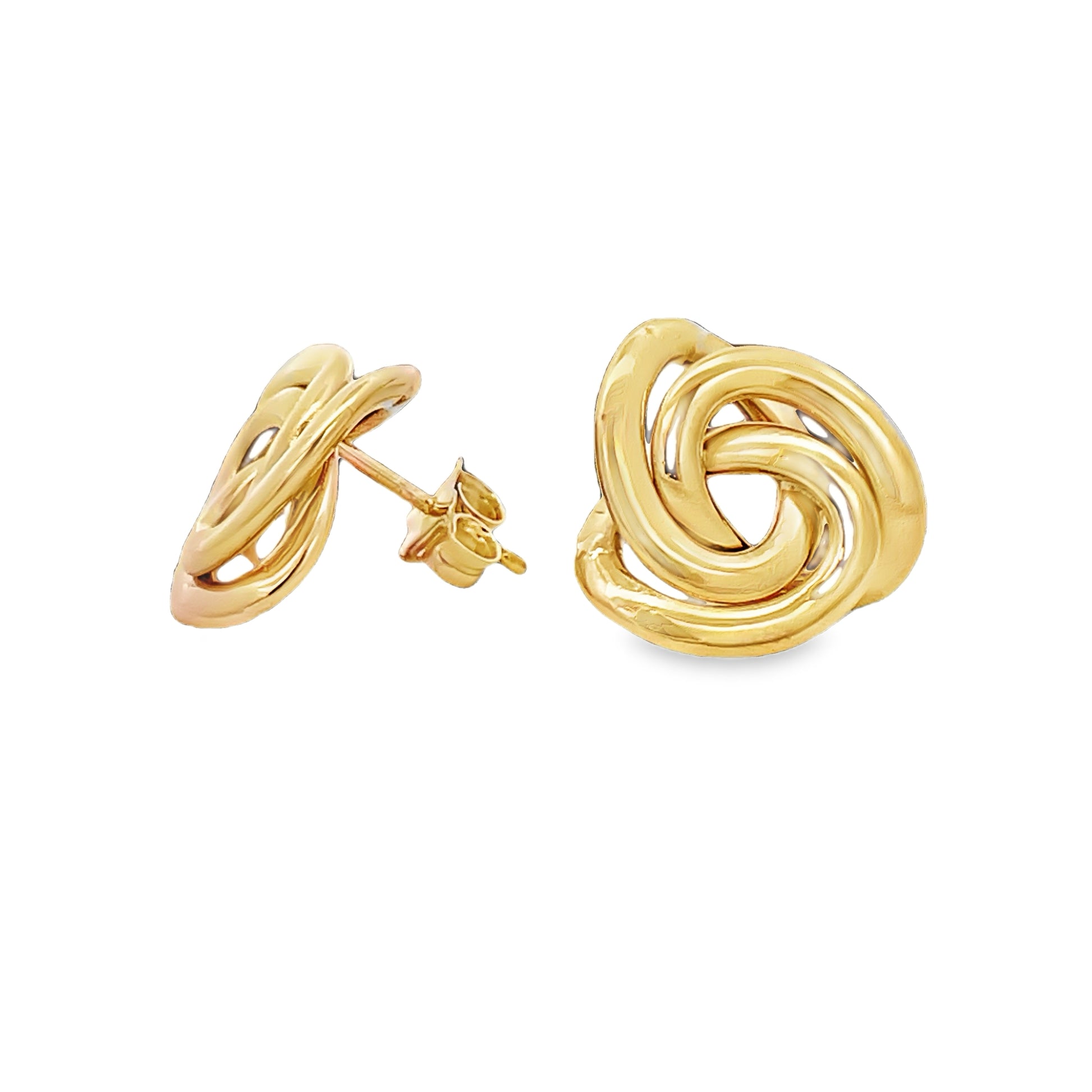 Front and side view of 14k Yellow Gold Flat Love Knot Earrings 15.50 mm