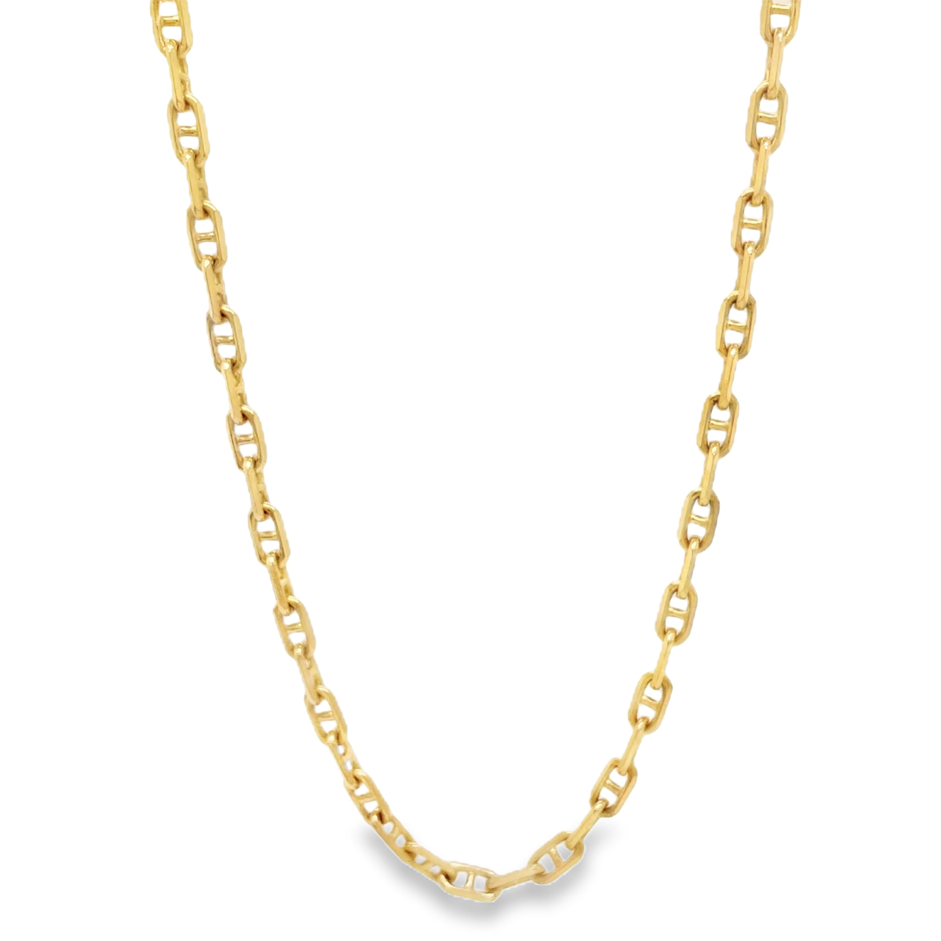 his solid 14k yellow gold necklace features a flat mariner link design, handcrafted in Italy. With its sleek and sophisticated style, this 20" chain is the perfect addition to any jewelry collection. Dress it up for a formal event or wear it daily for a touch of luxury.