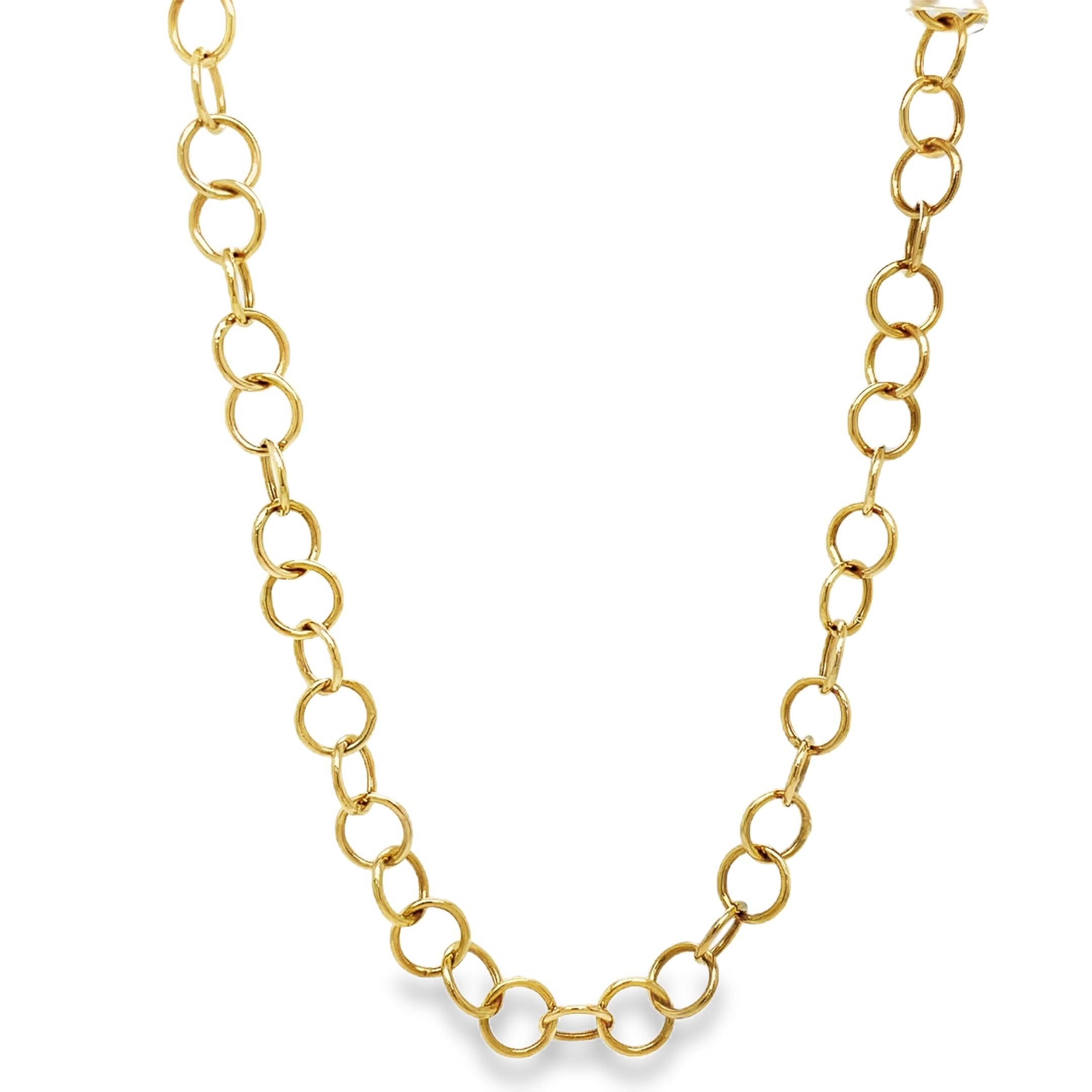 This exquisite 14K yellow gold necklace features a delicate open circle design, secured by a lobster clasp. Crafted for elegance and grace, its 30" length adds a touch of sophistication to any outfit. Upgrade your style with this exclusive 7.00 dwt piece.