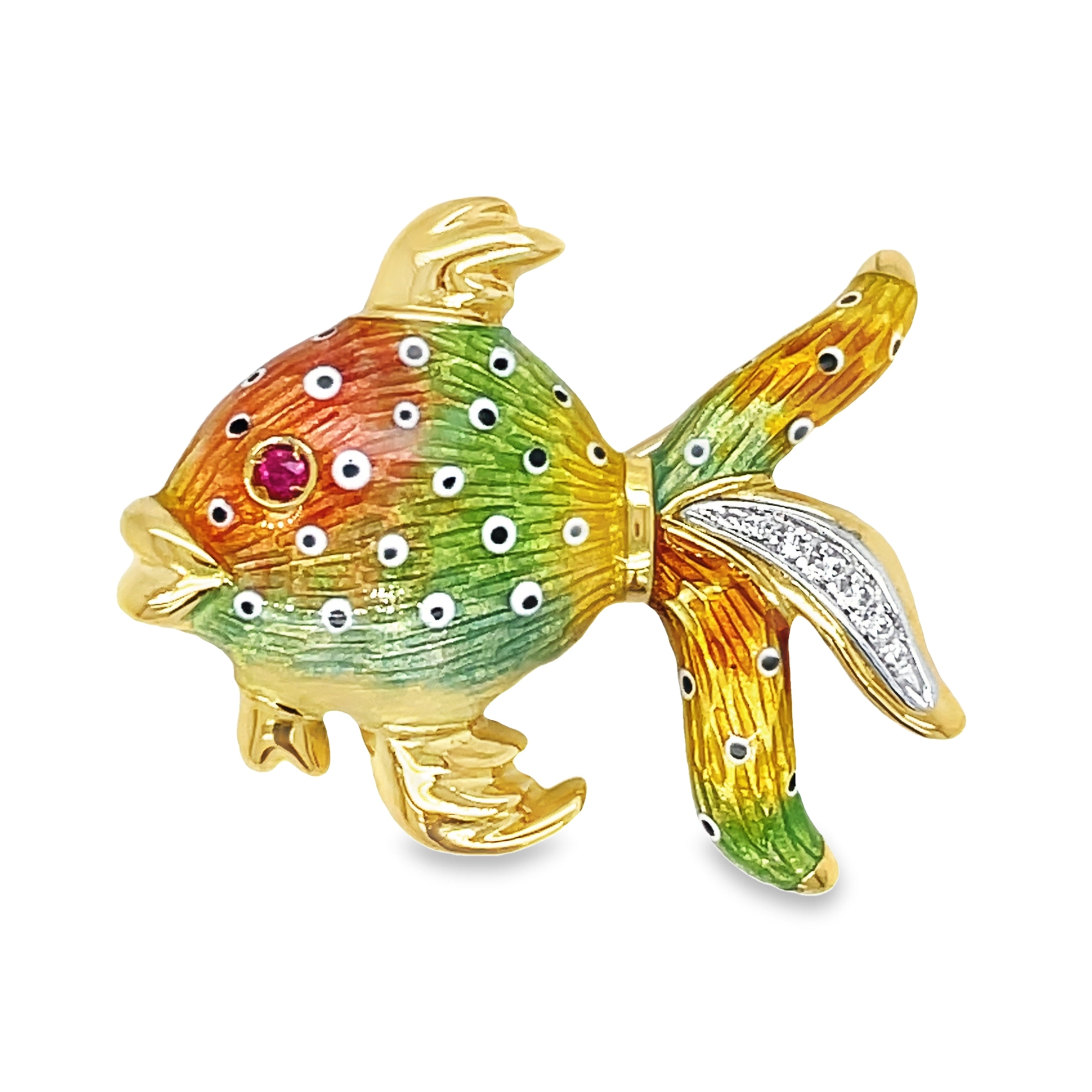"Add a touch of elegance to any outfit with our Italian Made Enamel & Diamond Fish Brooch! Handcrafted with 18k Italian yellow gold and a sparkling round diamond, this versatile piece can be worn as a brooch or pendant. With its beautiful hand-painted enamel colors, it's sure to catch the eye. Perfect for any occasion!"