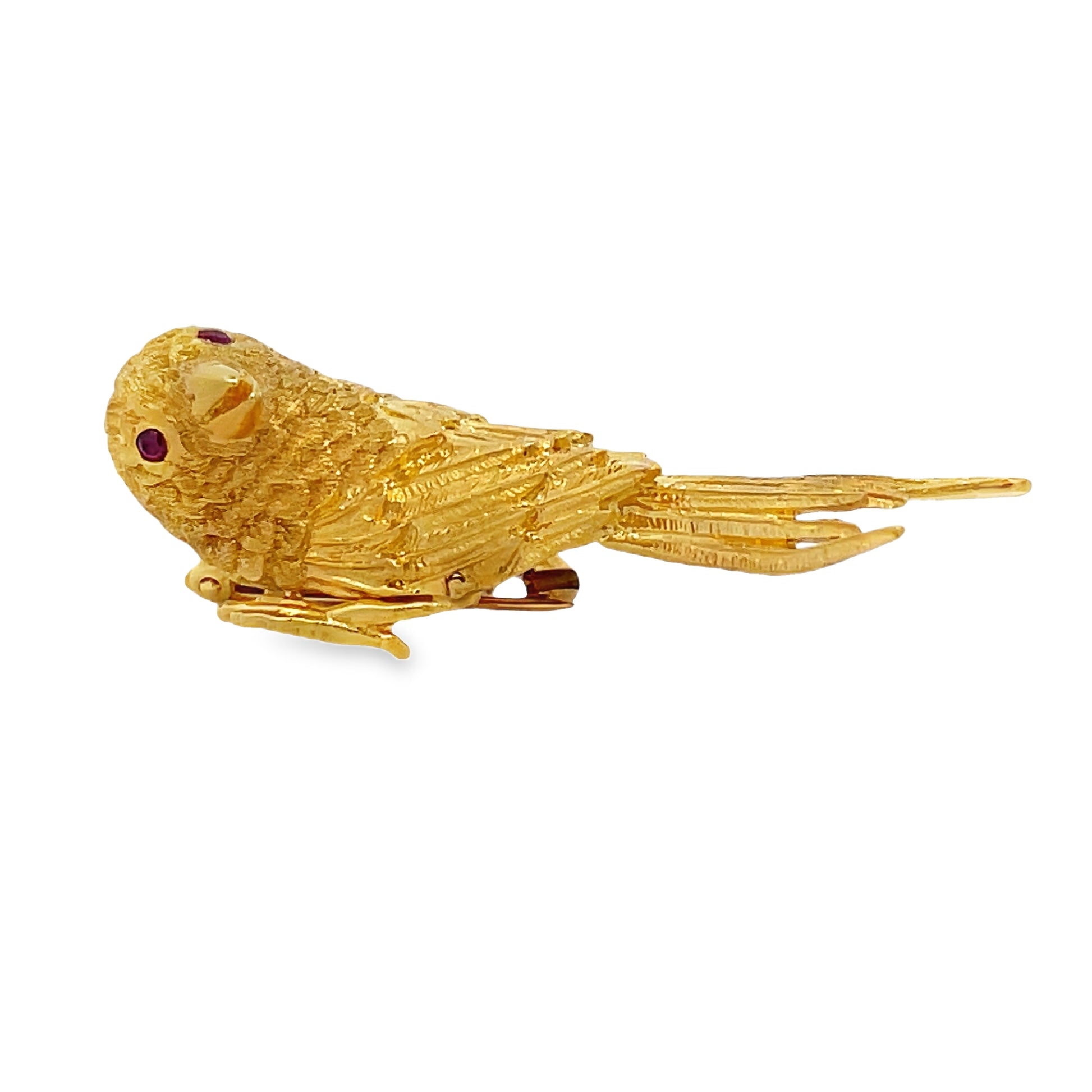 Side view of Estate 18k Yellow Solid Gold Ruby Small Bird Brooche 