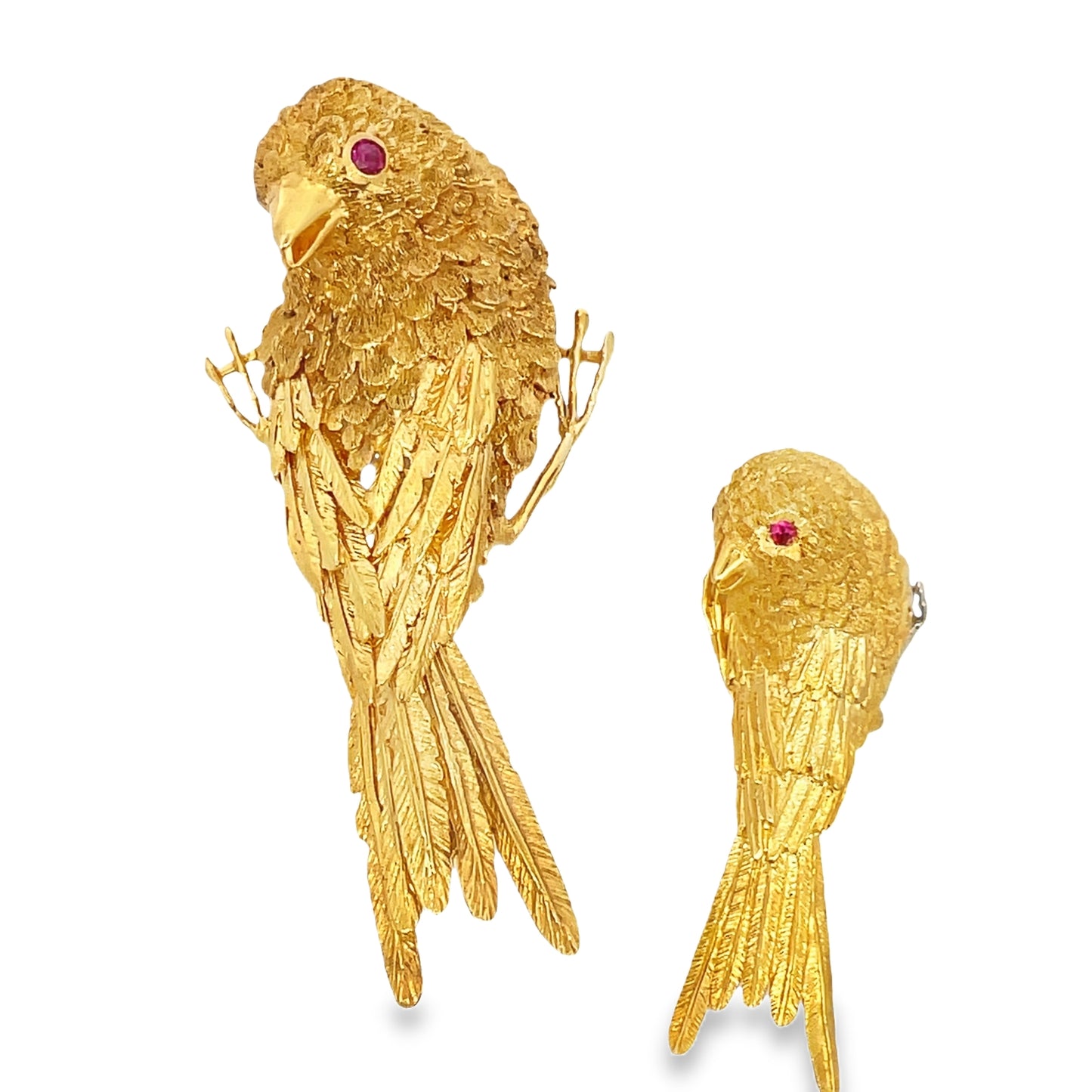Top view of Estate 18k Yellow Solid Gold Ruby Large and small  Bird Brooche