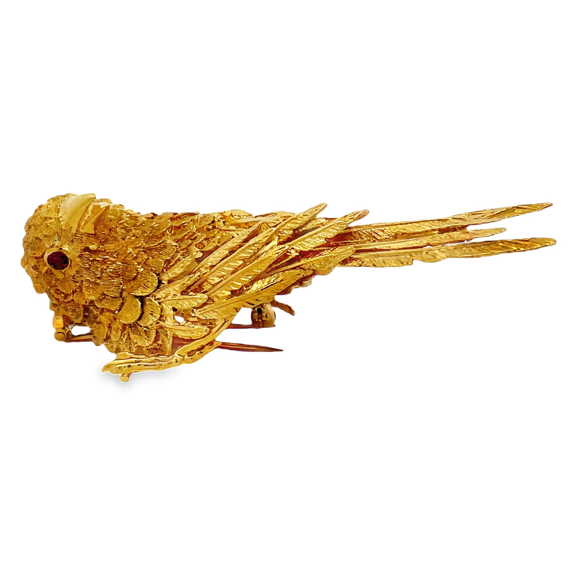 Side view of Estate 18k Yellow Solid Gold Ruby Large Bird Brooche