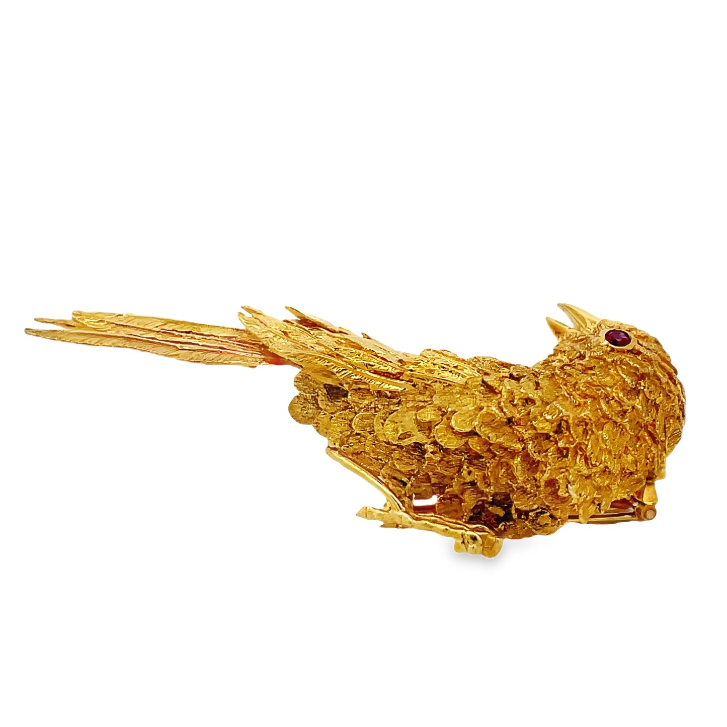 Side view of Estate 18k Yellow Solid Gold Ruby Large Bird Brooche