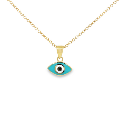 This beautiful 14k yellow gold pendant necklace is crafted with a classic evil eye design. The enamel colors are expertly laid out to be vibrant and eye-catching, sure to add a subtle yet stylish statement to any look.   
