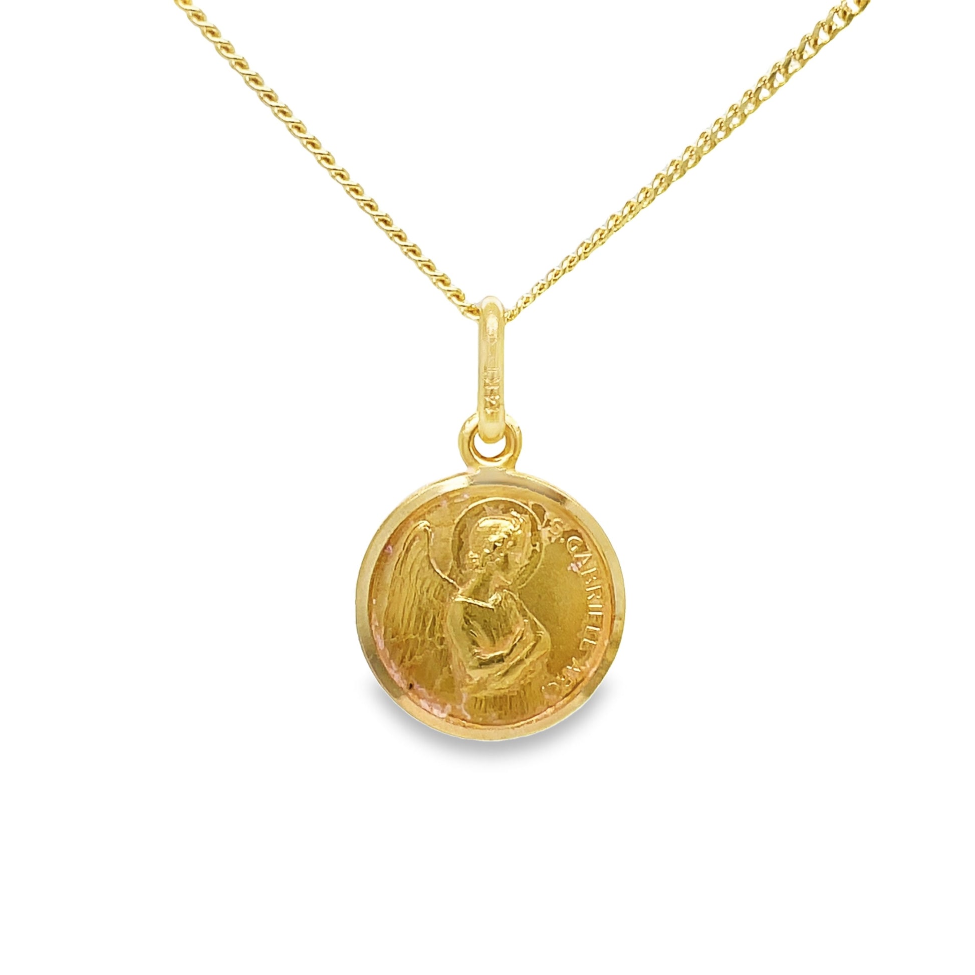 14k Italian Yellow Gold Saint Gabriel Medallion Pendant Necklace Front view