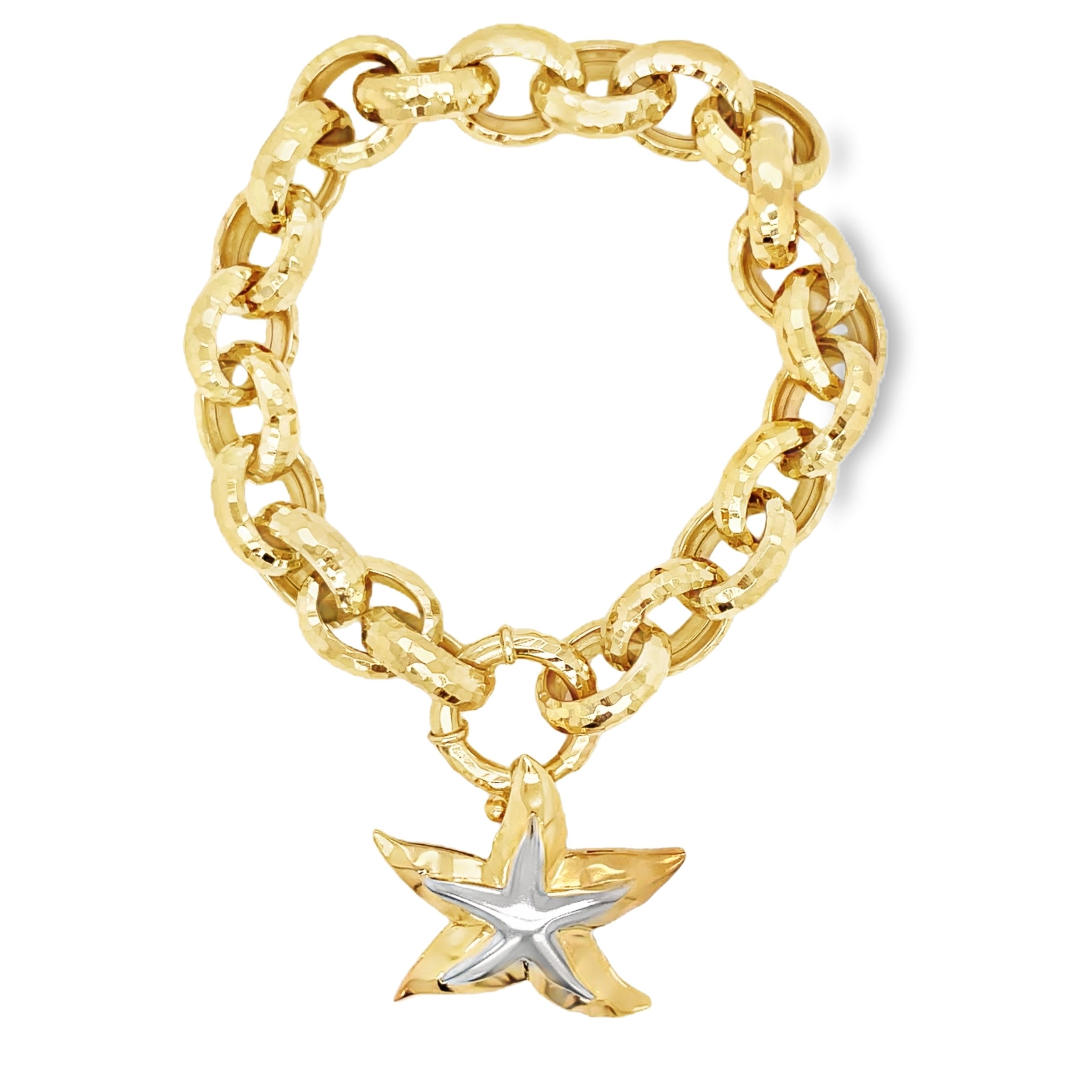 Handmade by Italian artisans, this luxurious 18K bracelet features faceted cable links and a fancy spring clasp. Crafted from 14K yellow gold, it exudes elegance and sophistication. A statement piece to elevate any outfit, this chunky bracelet is truly a work of art and a must-have for any fashion-forward individual.  Starfish pendant is optional #435-264 $2,999