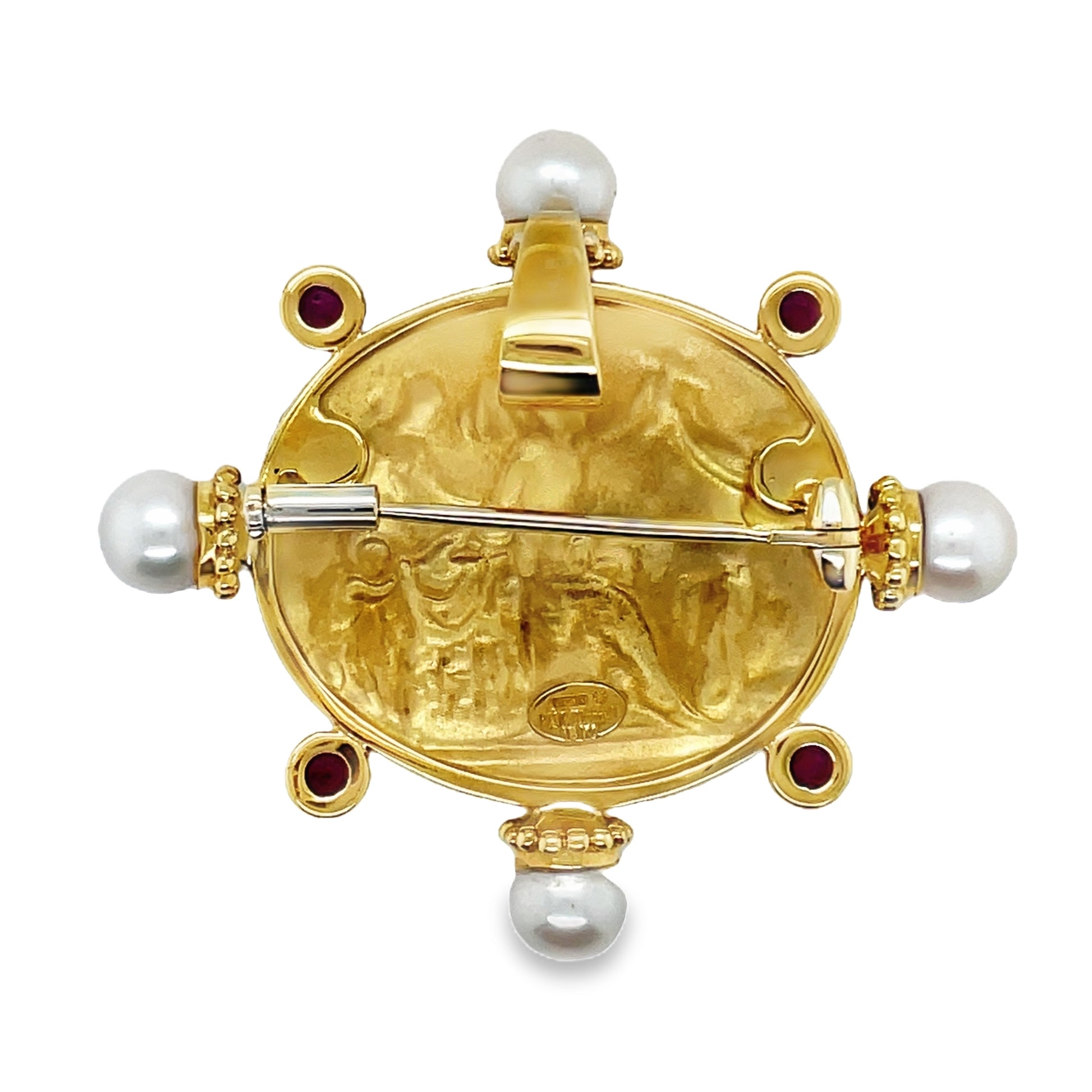 Back View of Italian Made Intaglio Yellow Gold Ruby & Pearl Pendant and Brooch